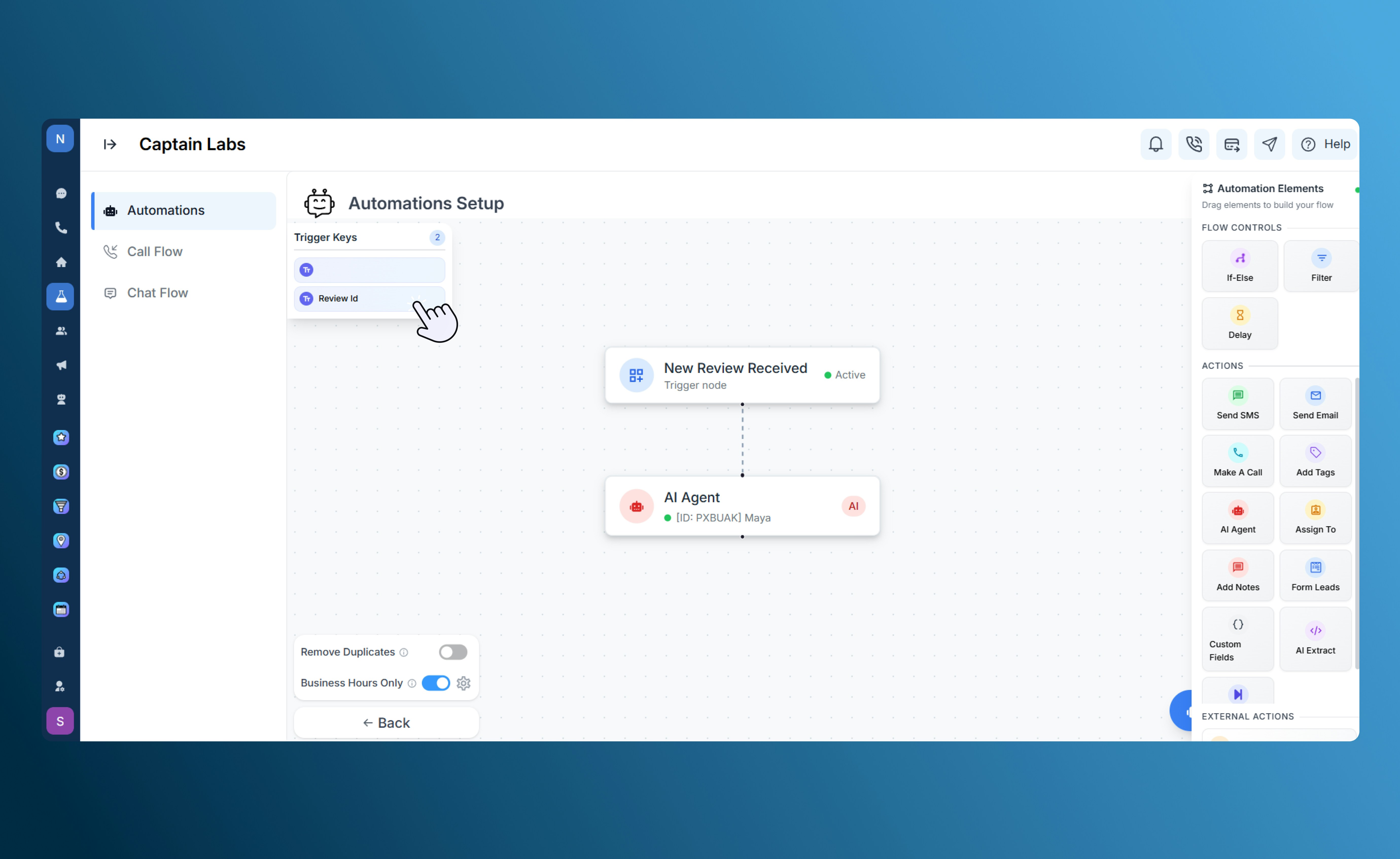 Canvas view with AI Agent element in SalesCaptain automation builder