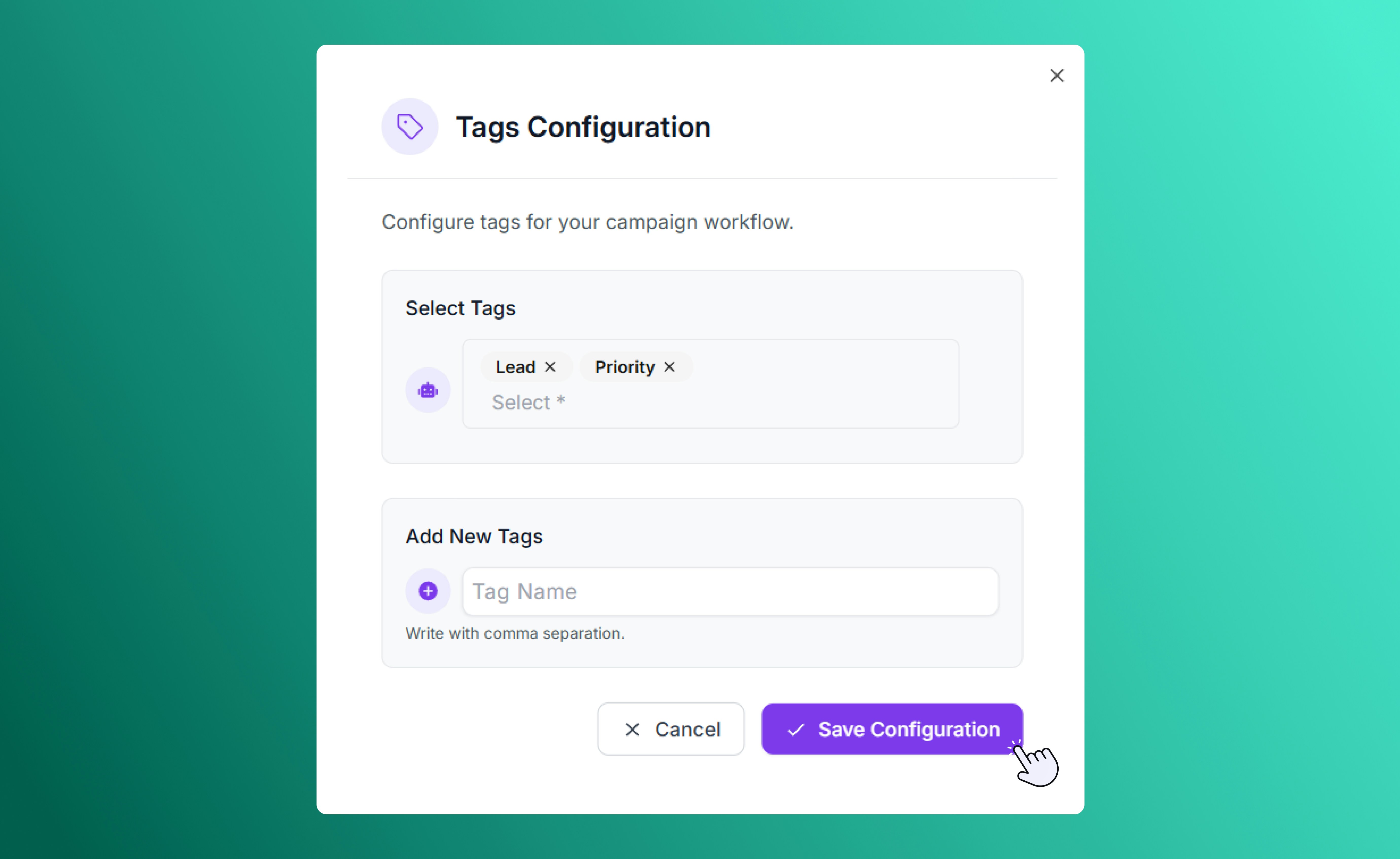 Tags configuration options in SalesCaptain automation builder