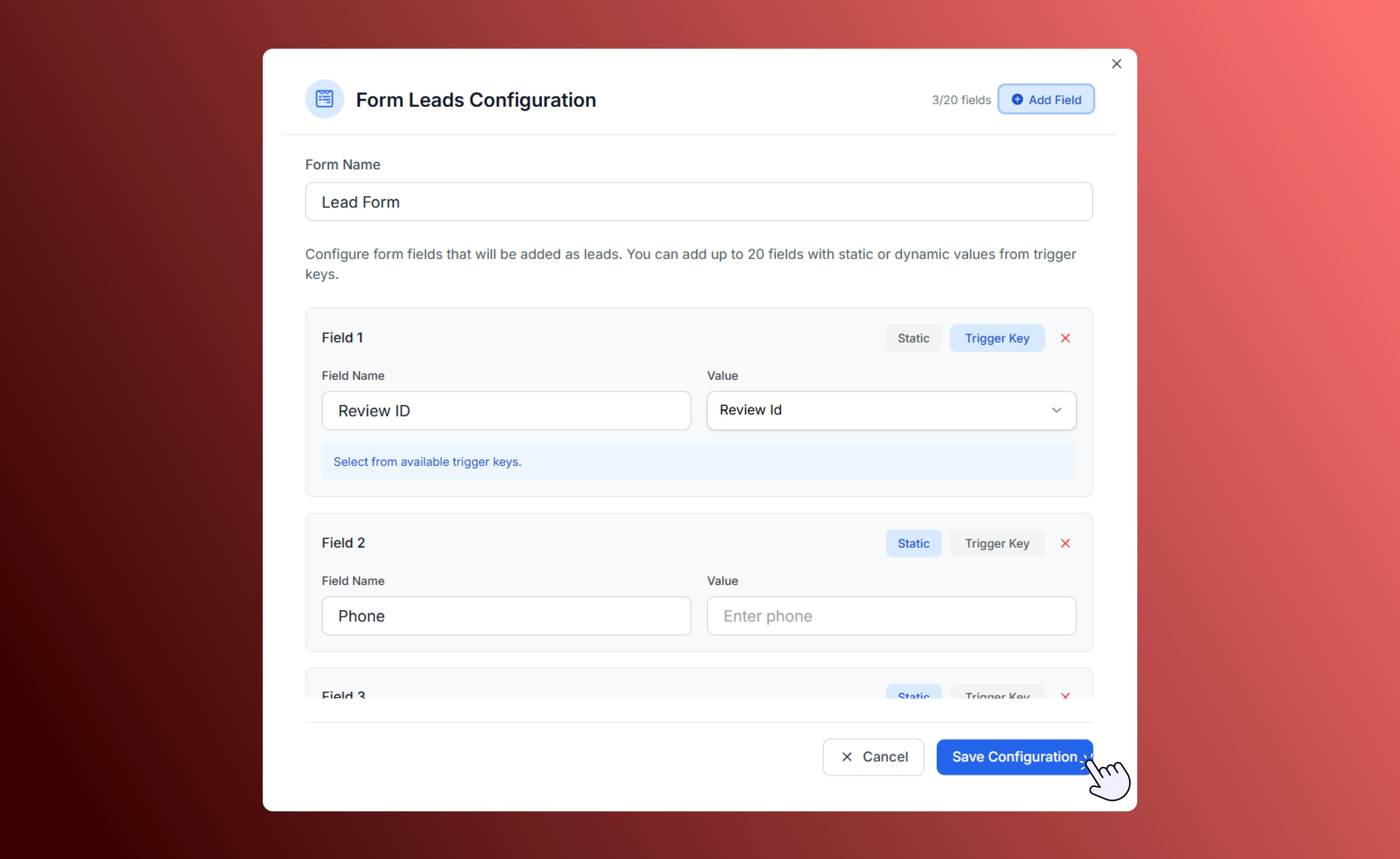 Form Leads configuration options in SalesCaptain automation builder