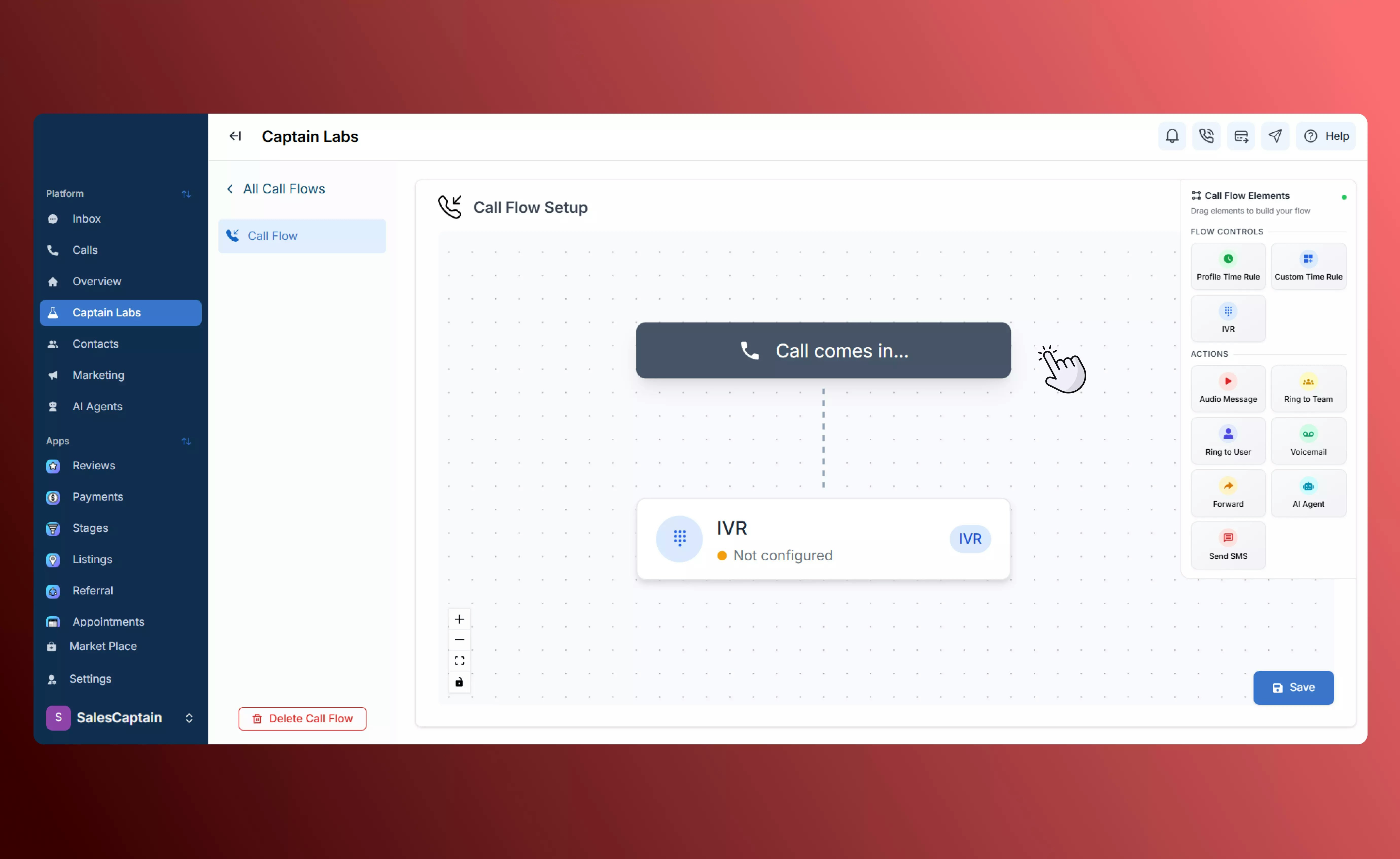 Canvas overview with IVR in SalesCaptain call flow builder