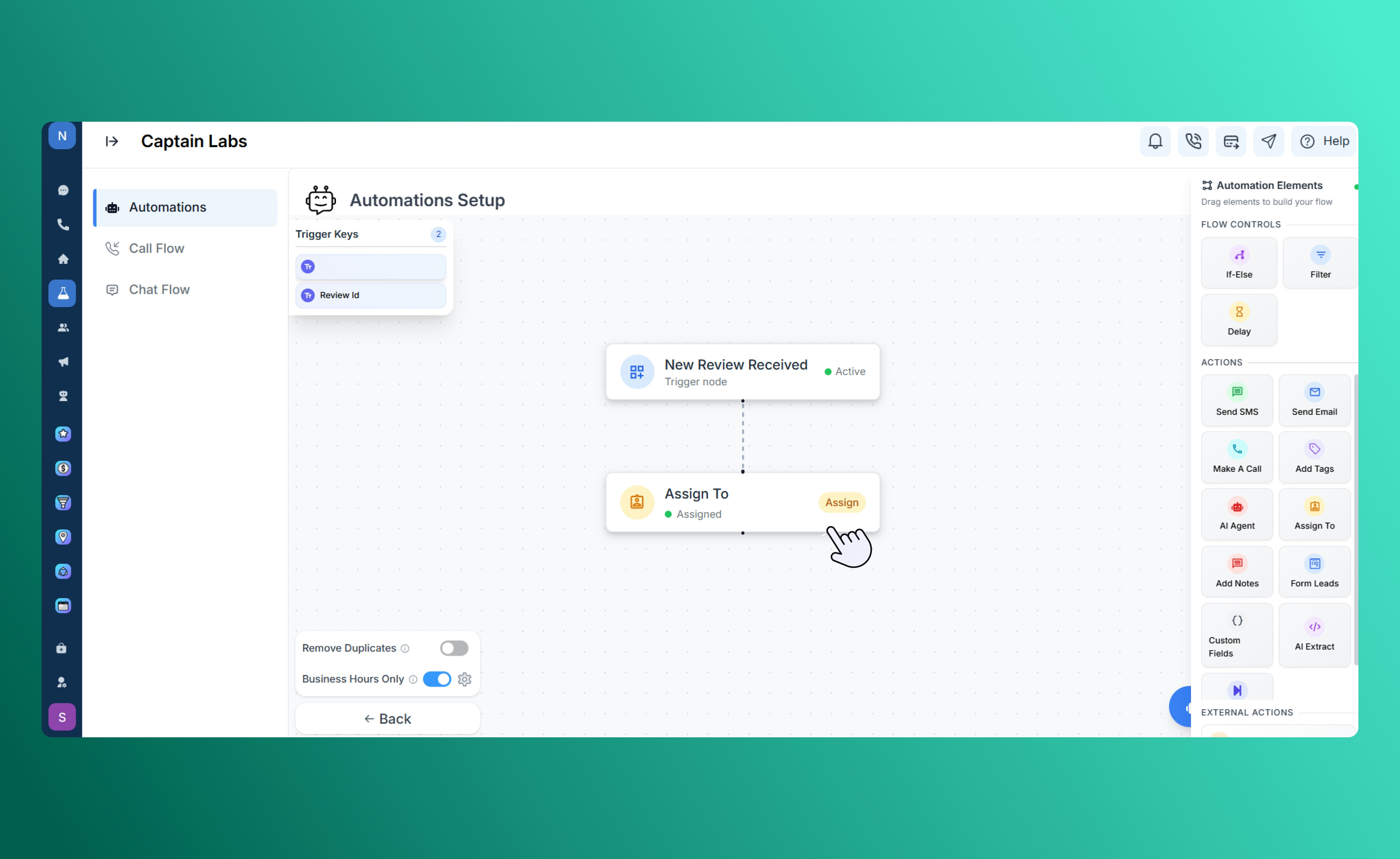 Canvas view with Assign To element in SalesCaptain automation builder