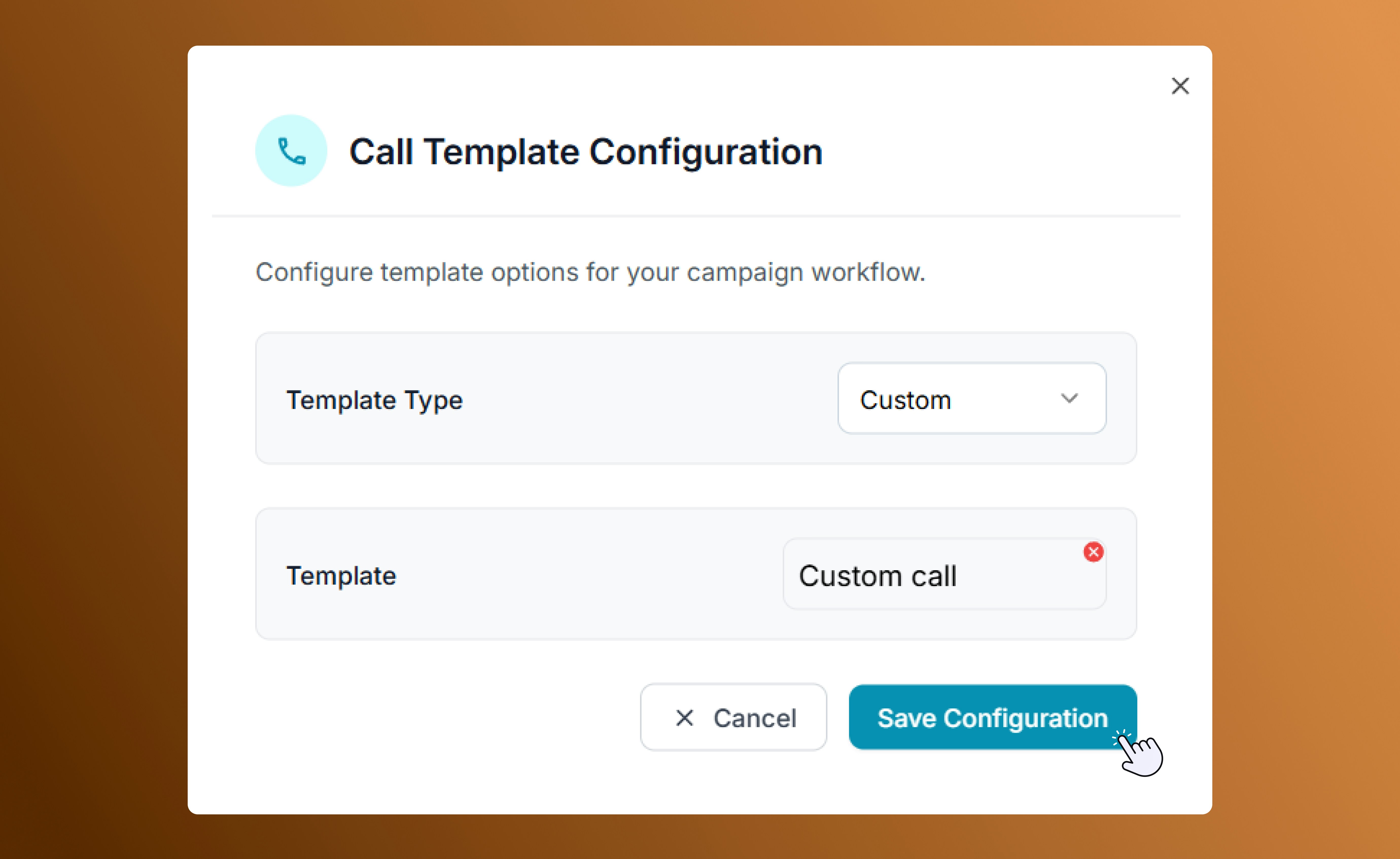 Call template configuration options in Salescaptain automation builder