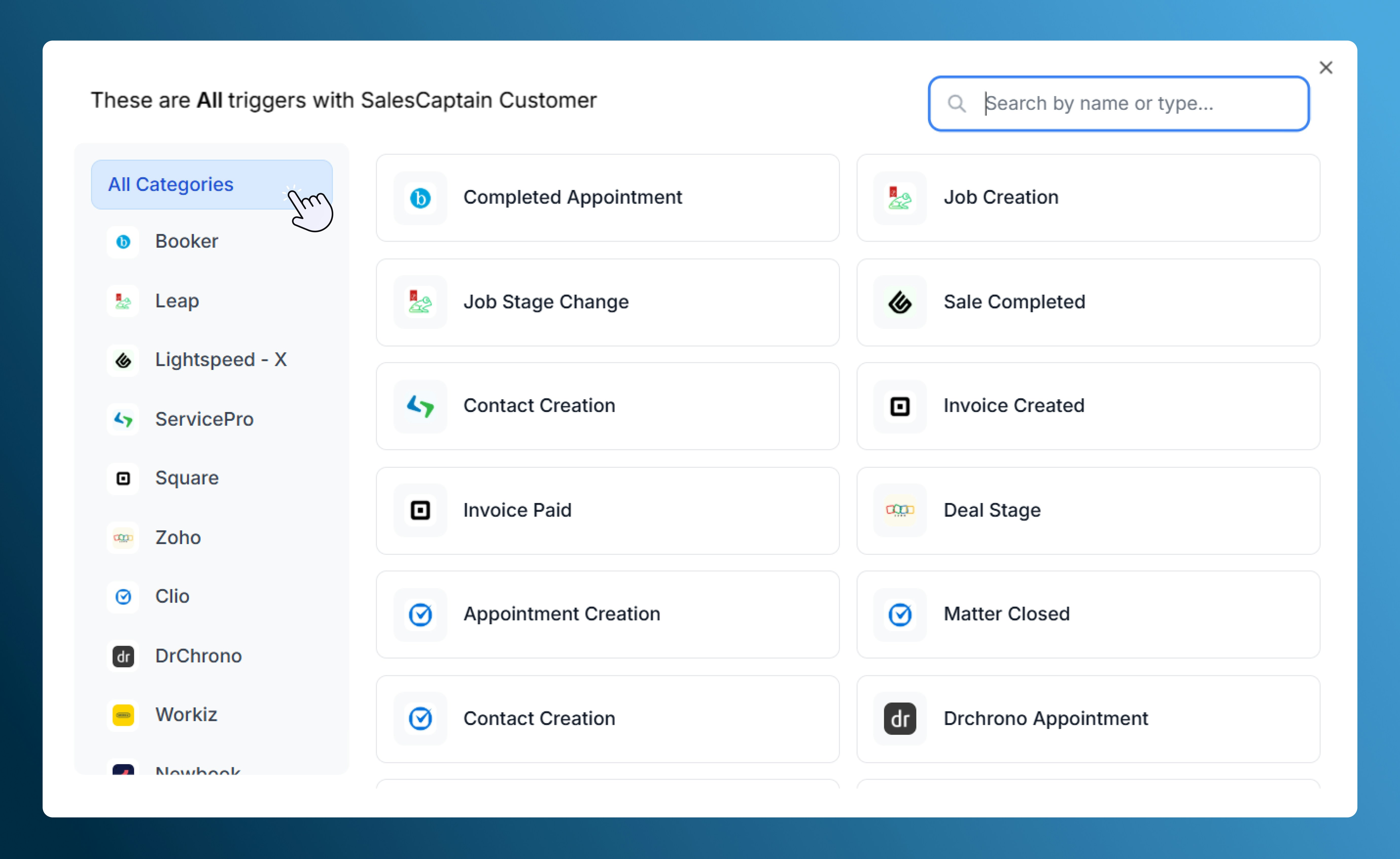 Popup showing all available external triggers for automation