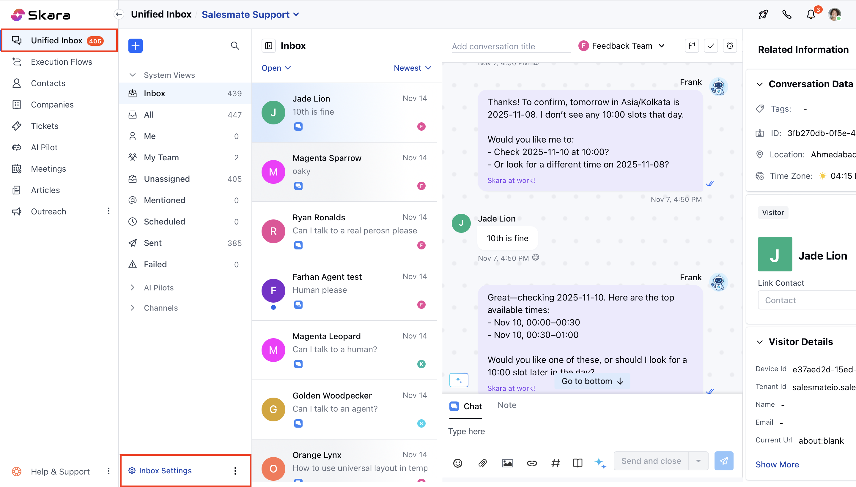 Salesmate chat settings navigation