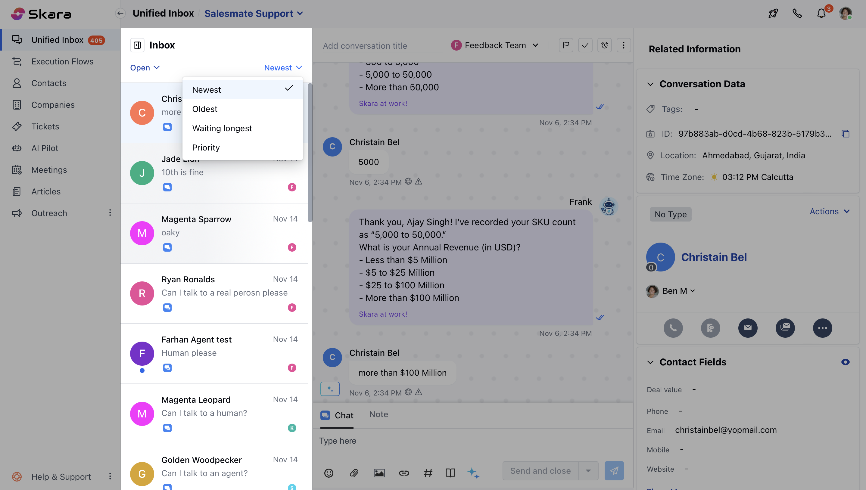 Sort chat conversations