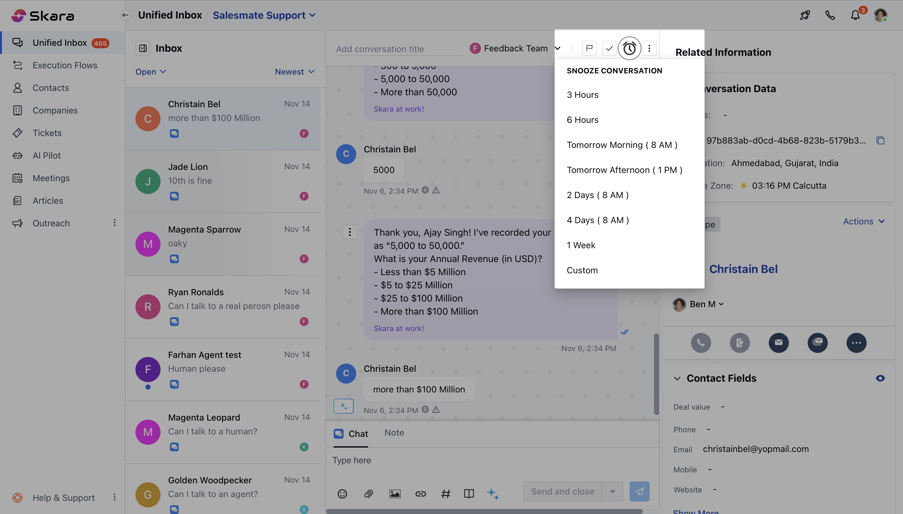 Snooze chat conversation