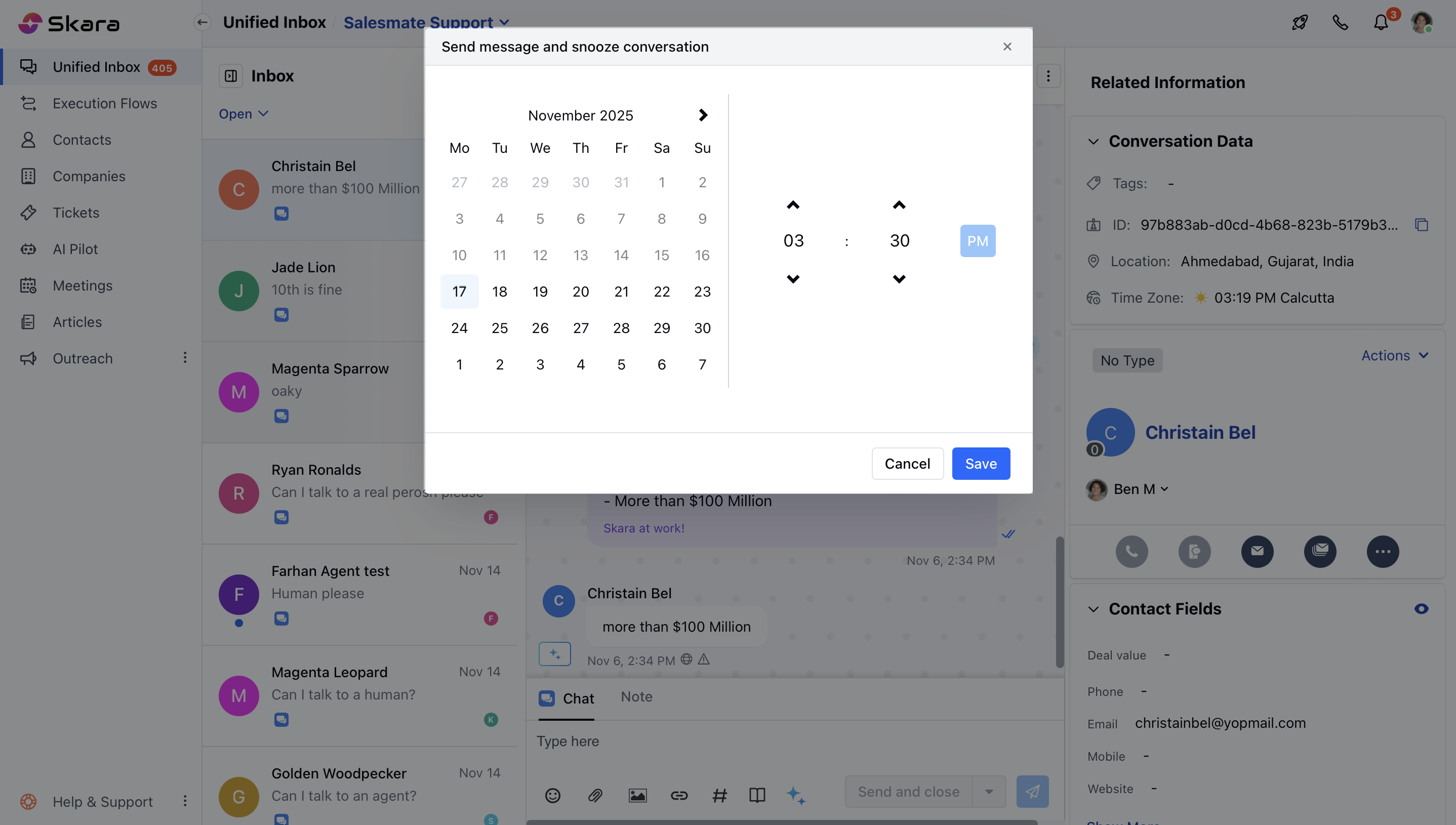 Snooze chat custom time