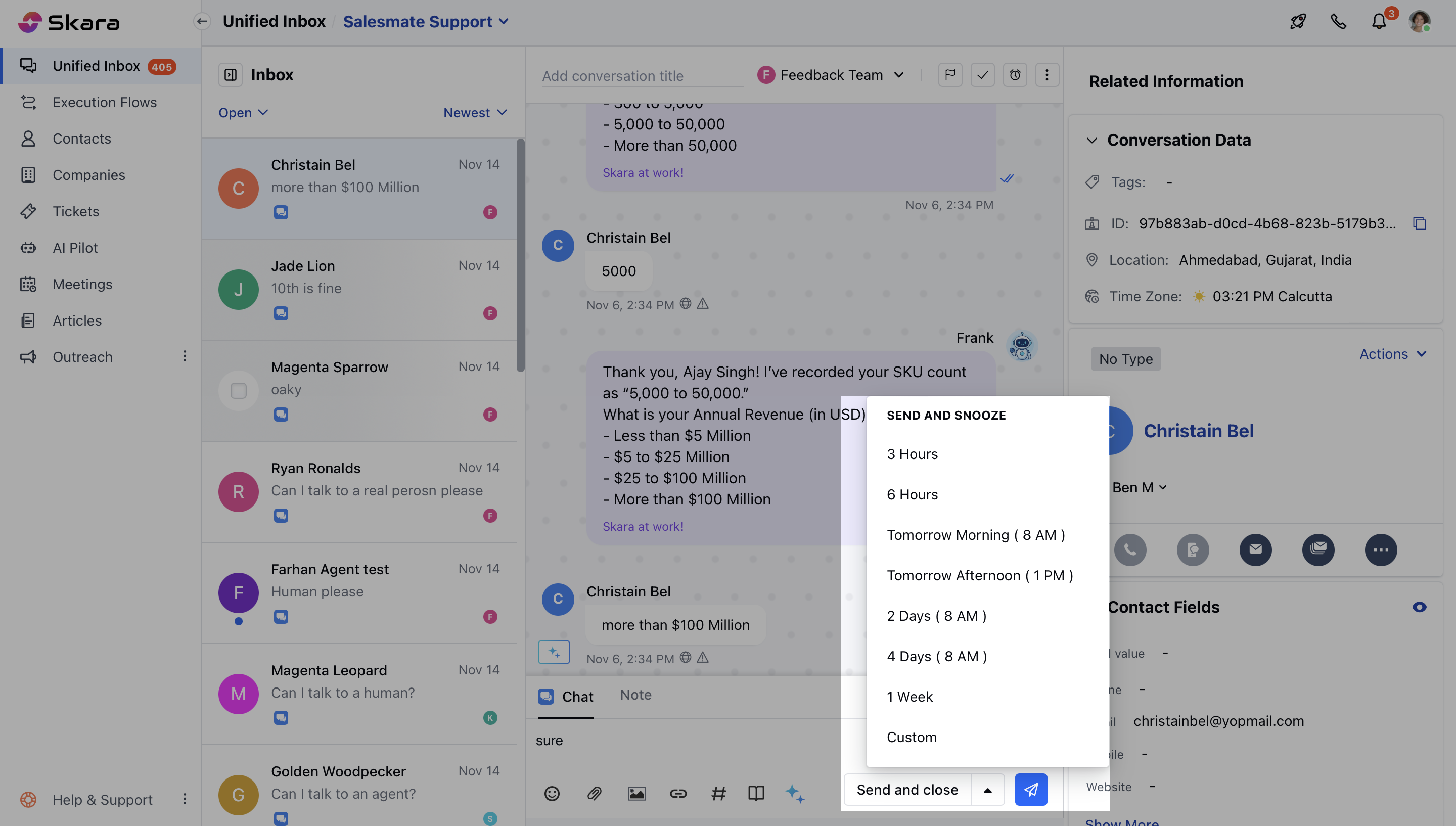 Snooze chat send and close