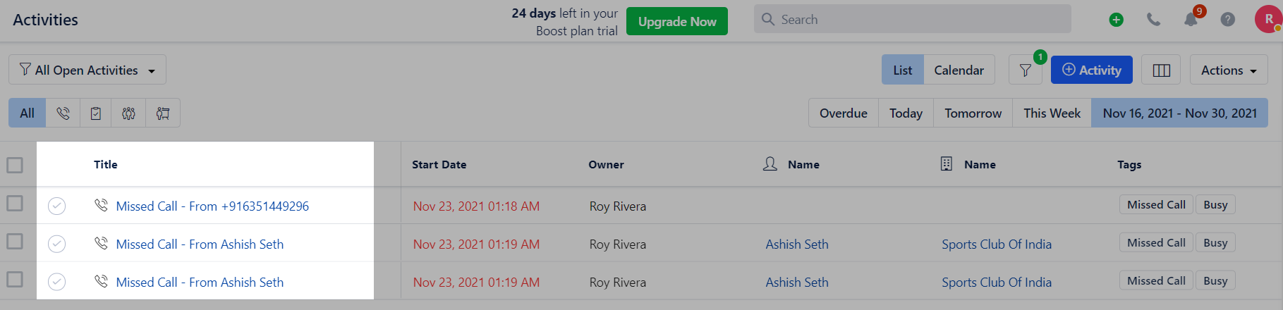 Missed call activity list