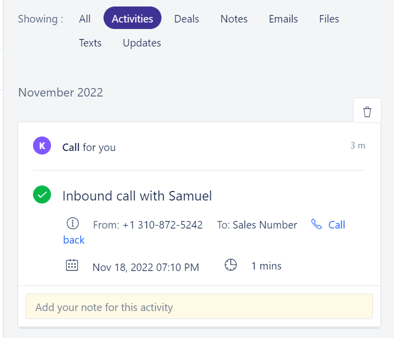 Activity on contact timeline