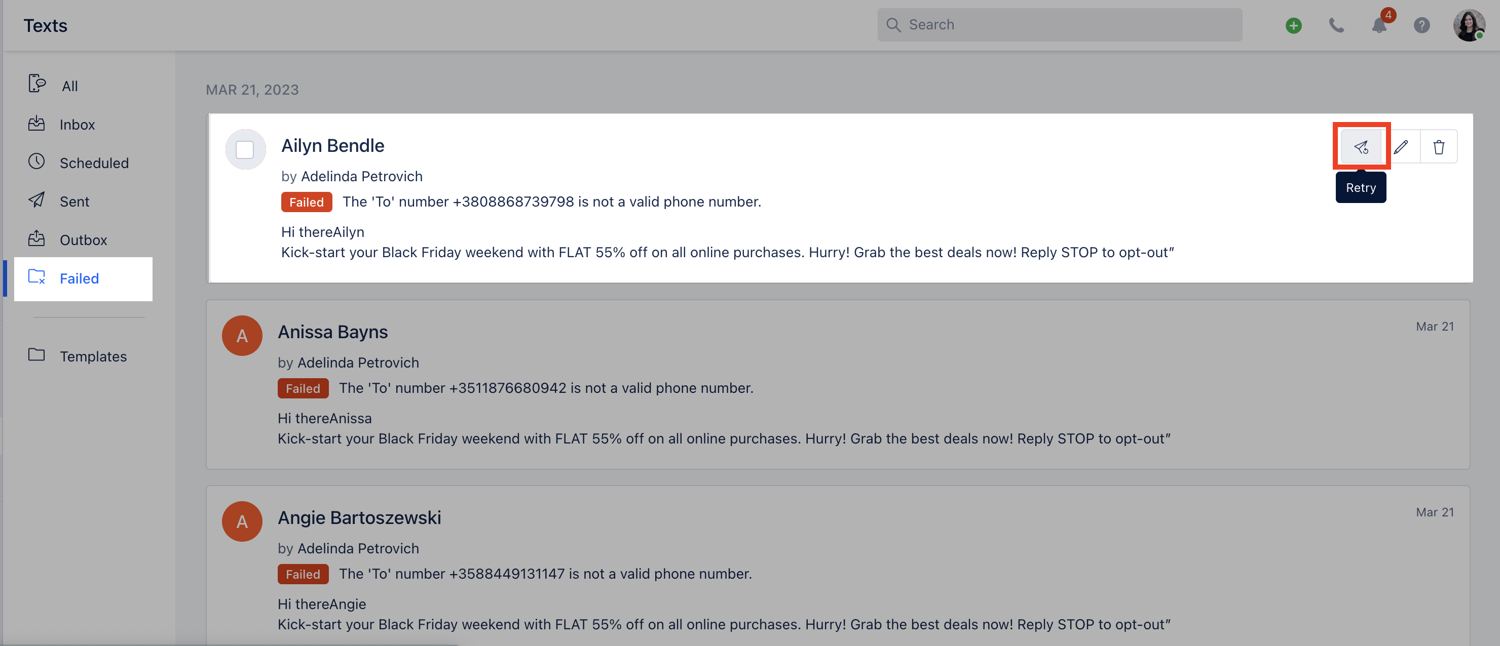 Failed messages view