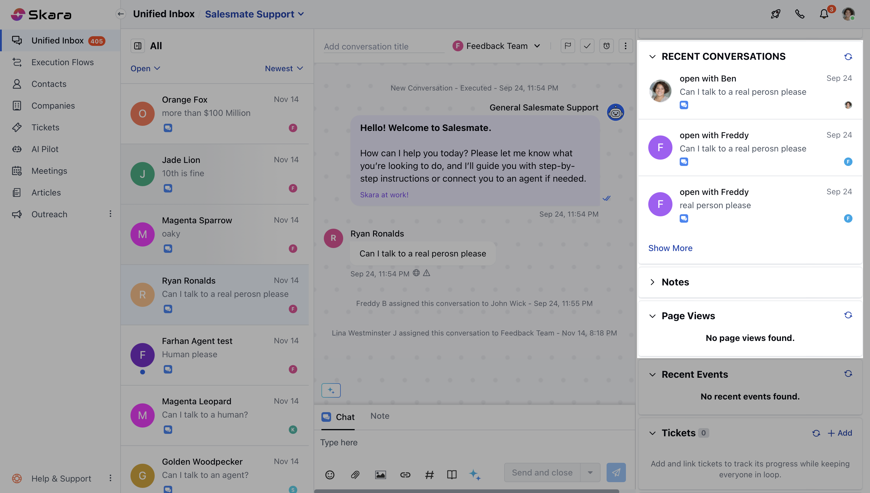 Recent conversations and page views