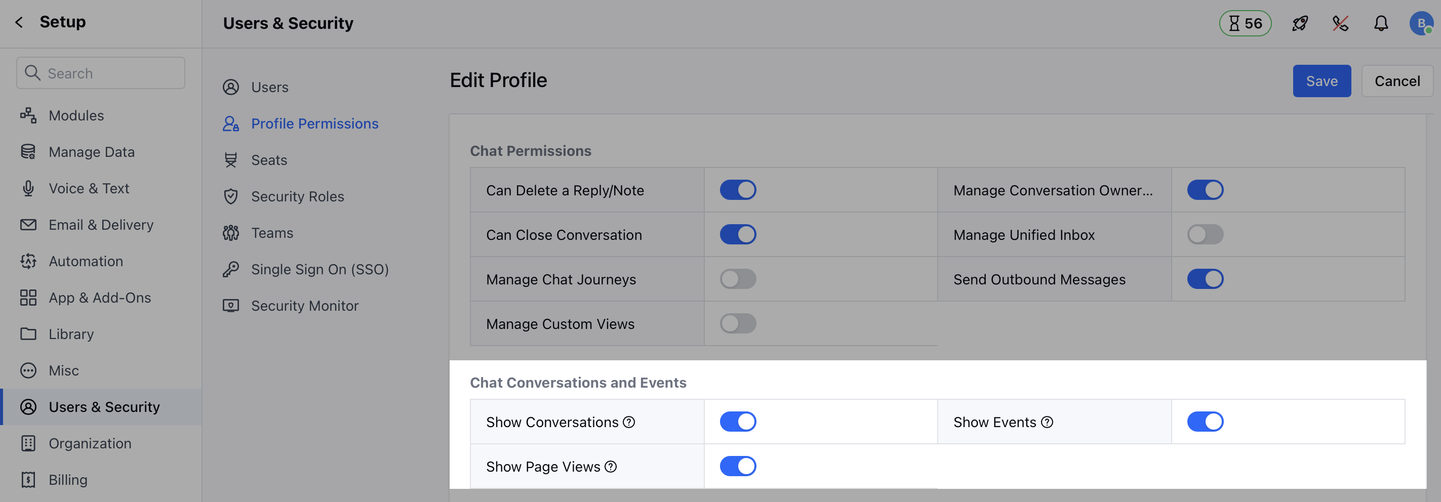 Chat Conversation & Events permissions