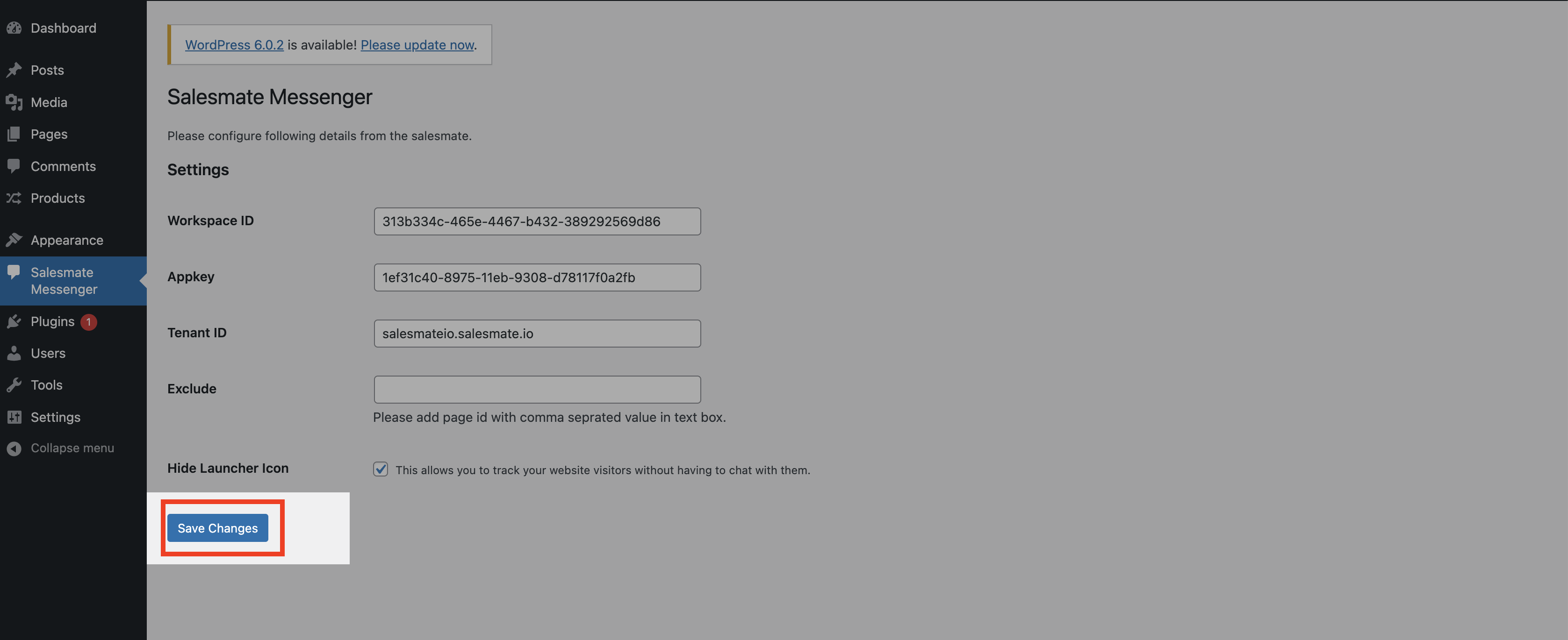 WordPress Messenger Settings Save