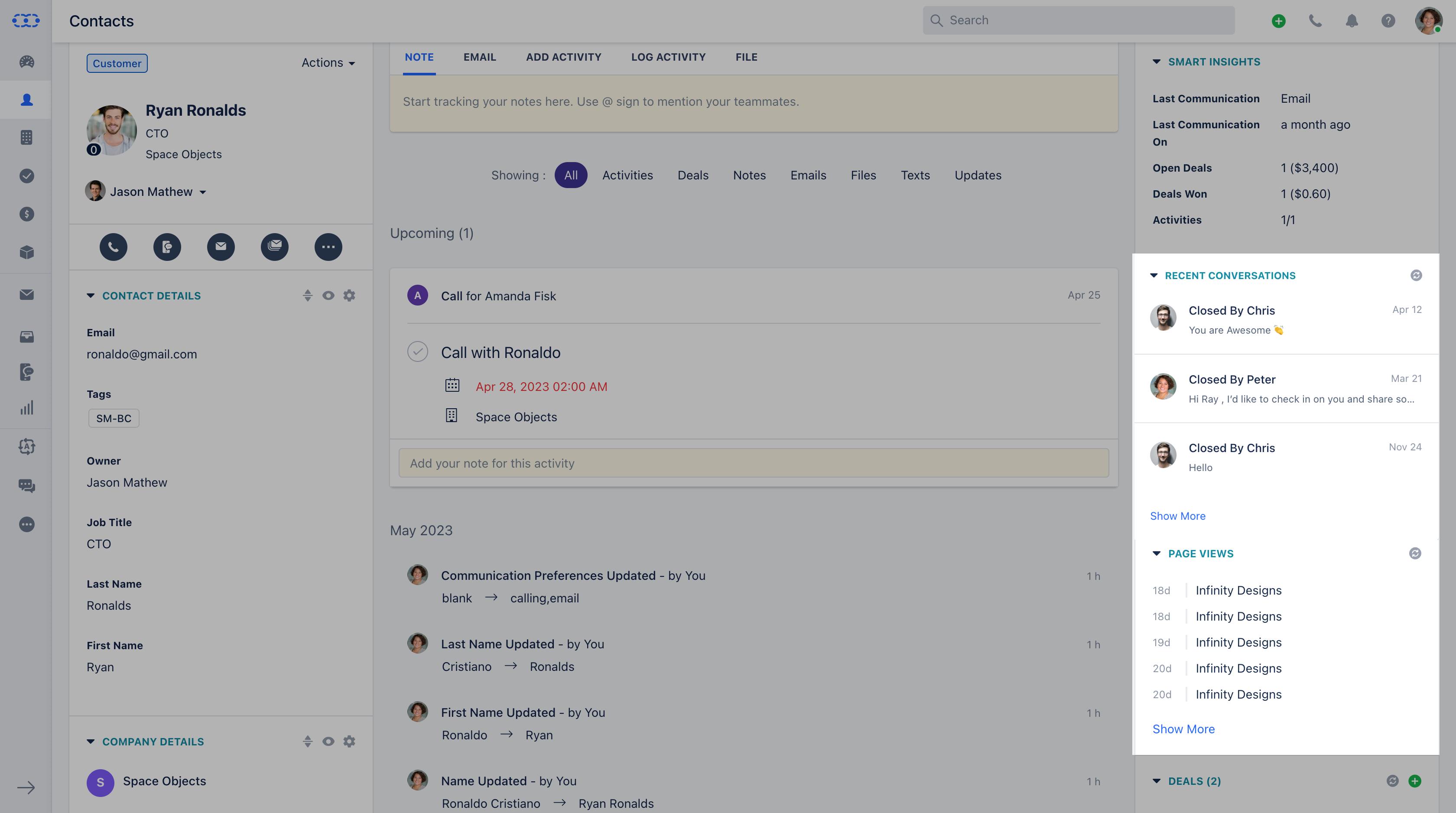 Recent conversations and page views on contact detail view