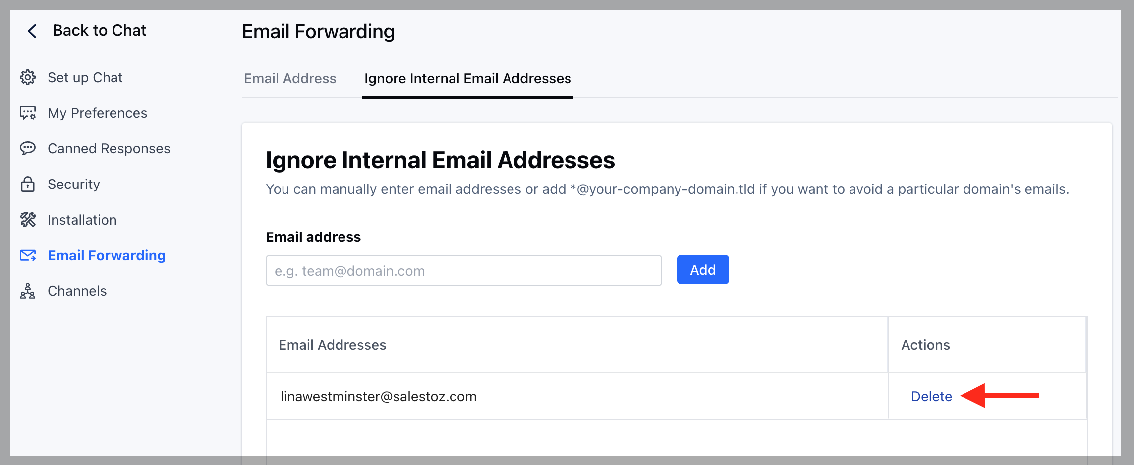 Ignore internal email addresses list