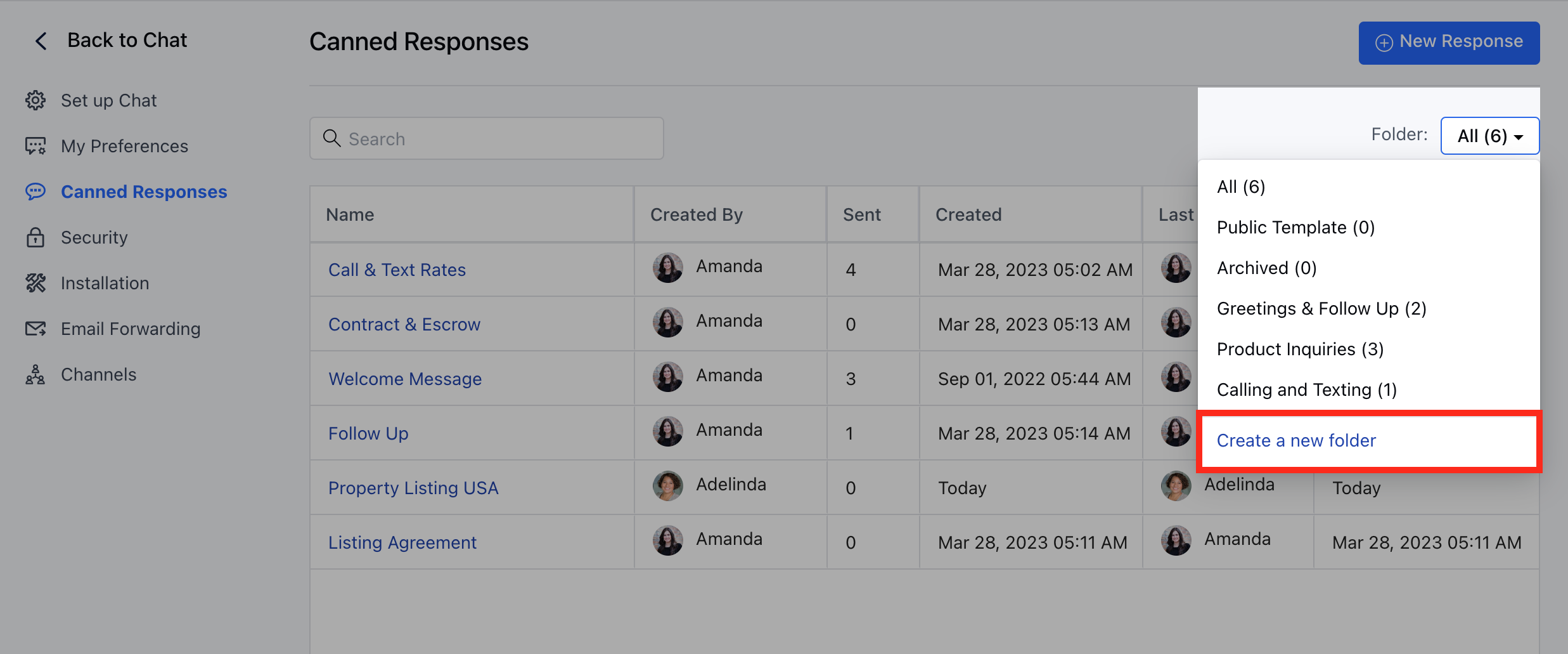 Create new folder for canned responses