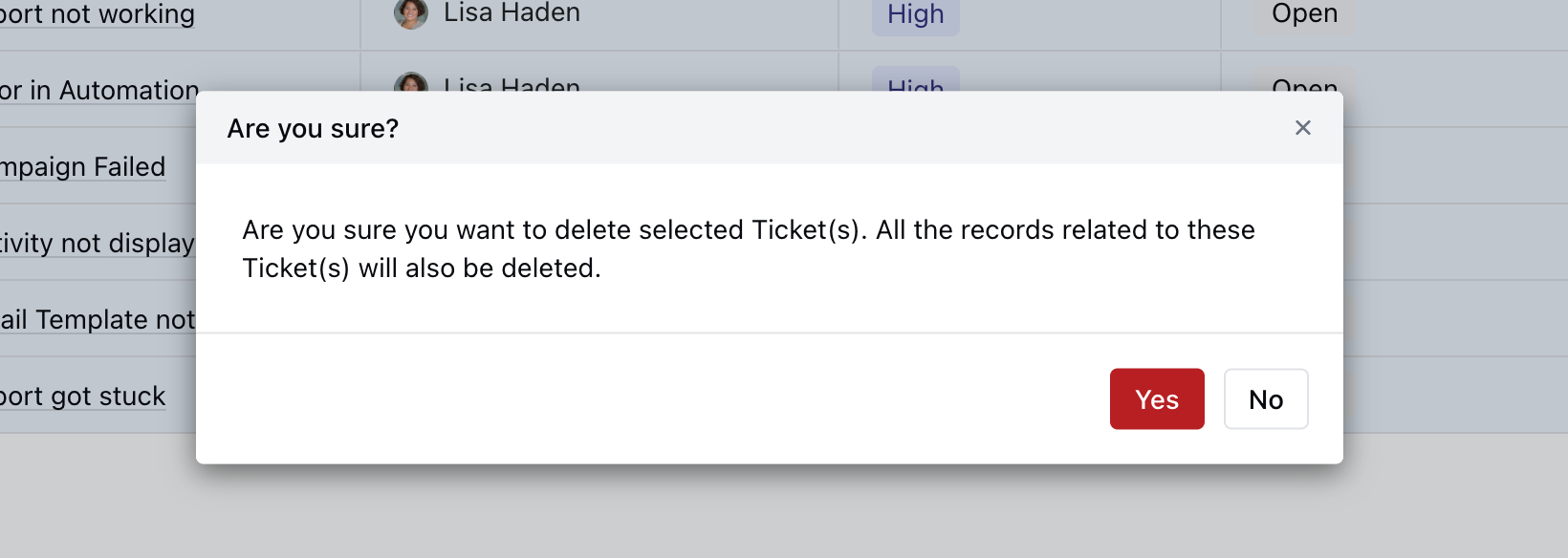Bulk delete tickets confirmation popup