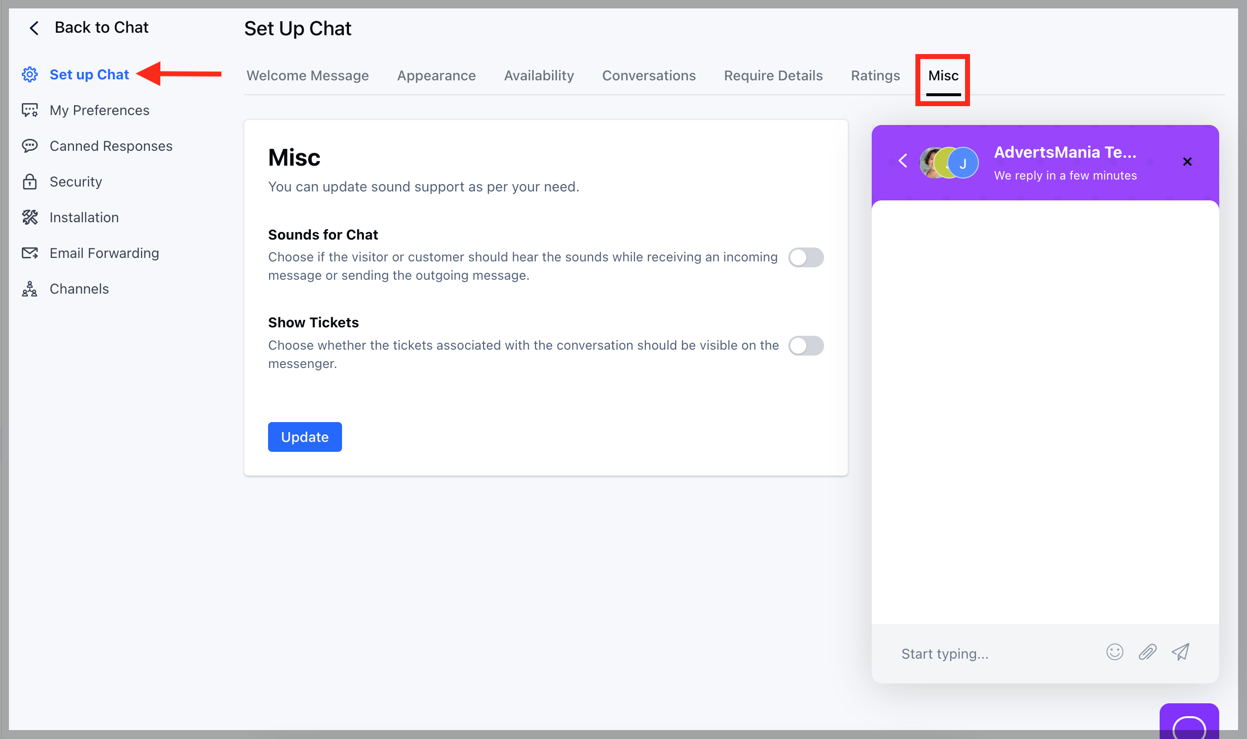 Chat setup navigation