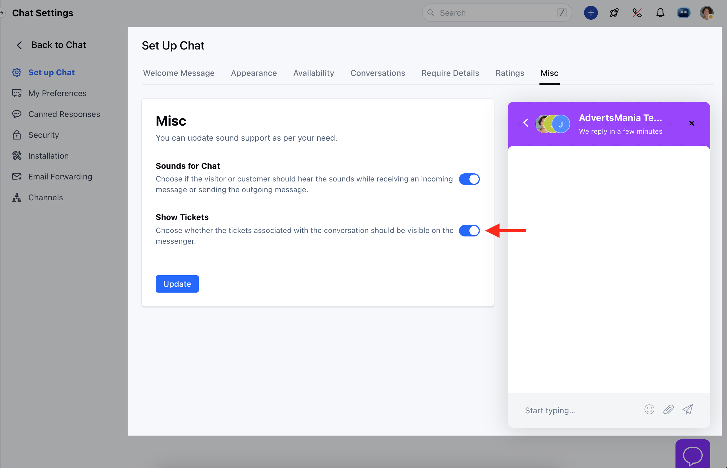 Show tickets in chat widget option