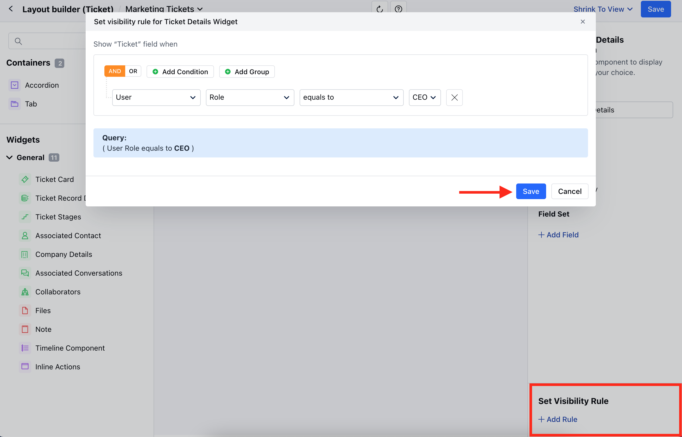 Set visibility rule to ticket layout