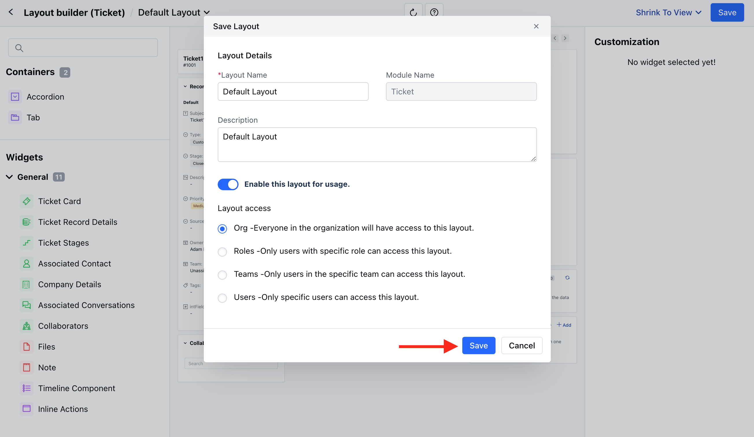 Edit default ticket layout details