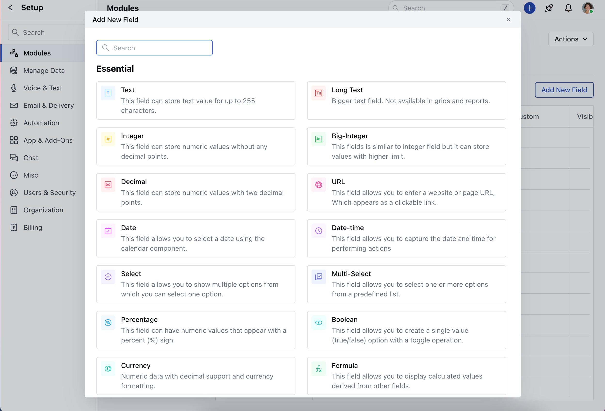 Field types selection