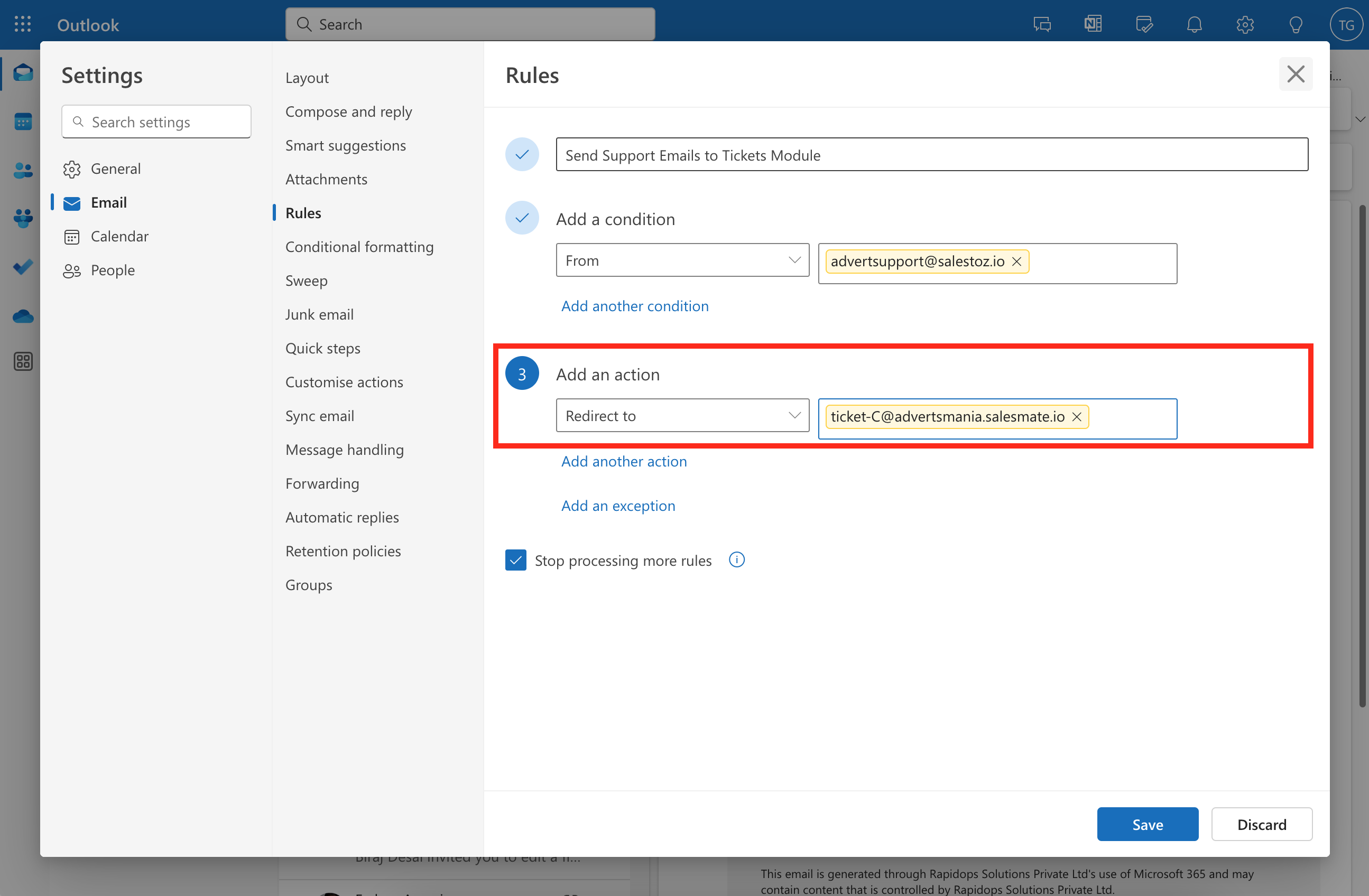 Set forwarding rules in outlook