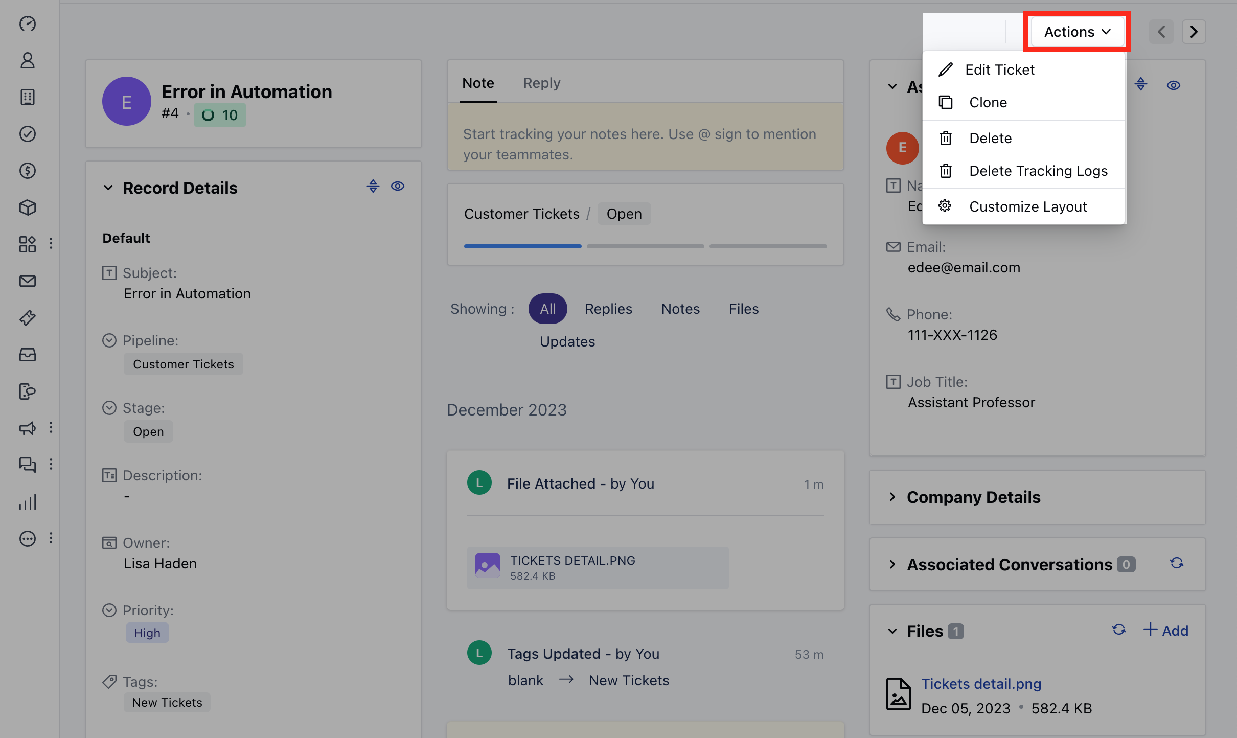 Ticket action button