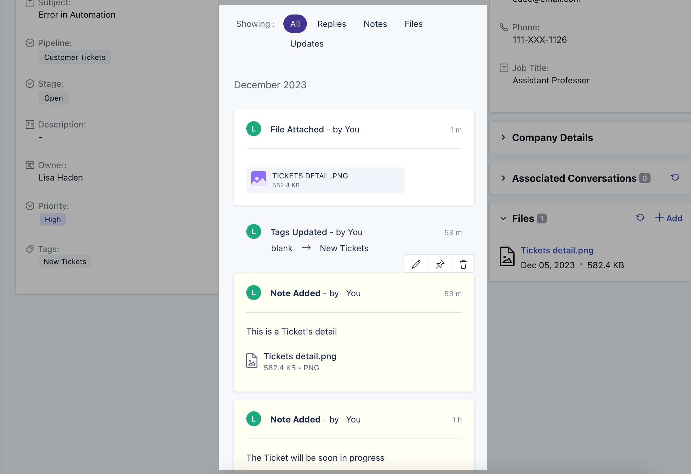 Ticket timeline entries