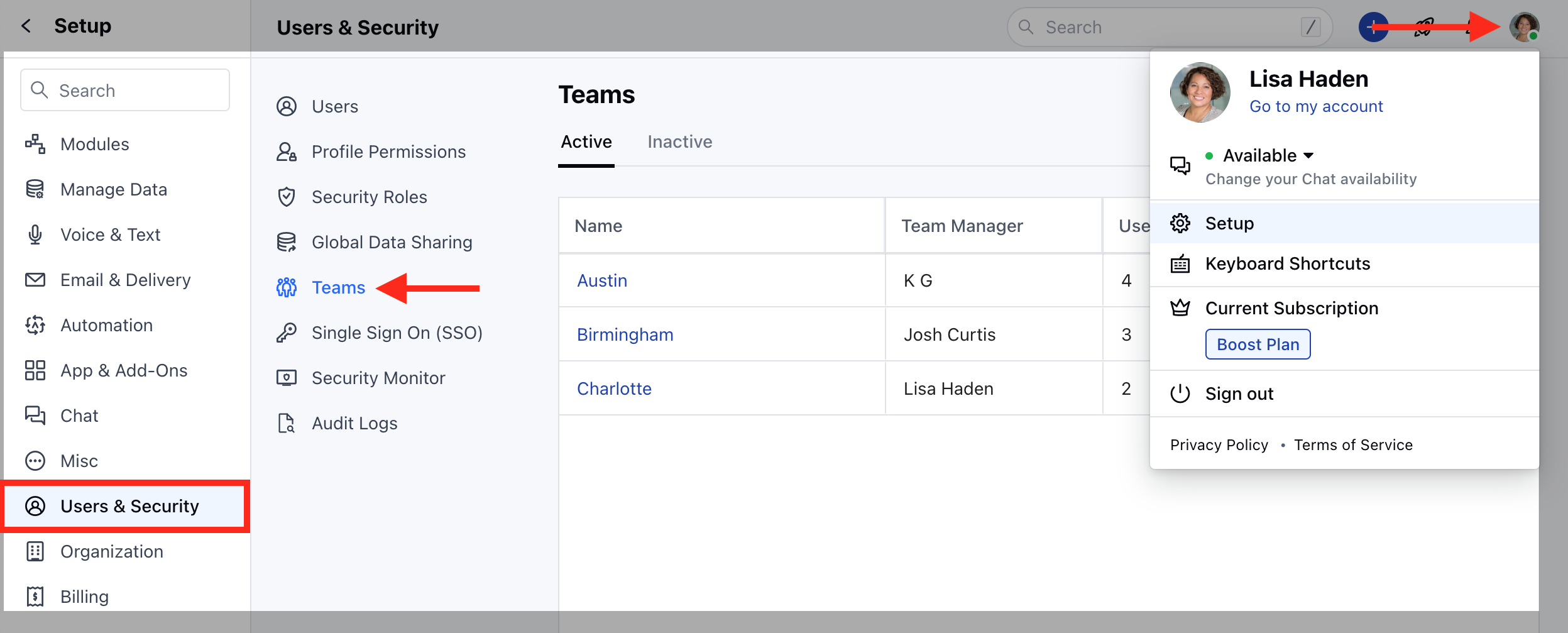 Team Setup Navigation