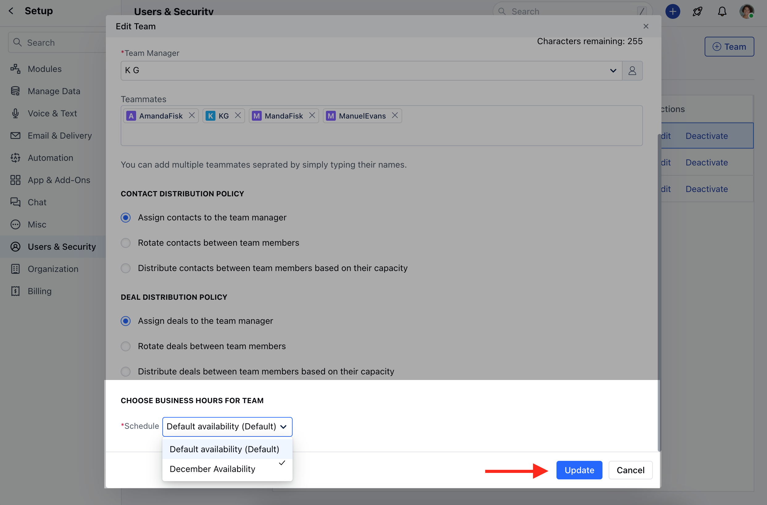 Set Team Specific Business Availability Options