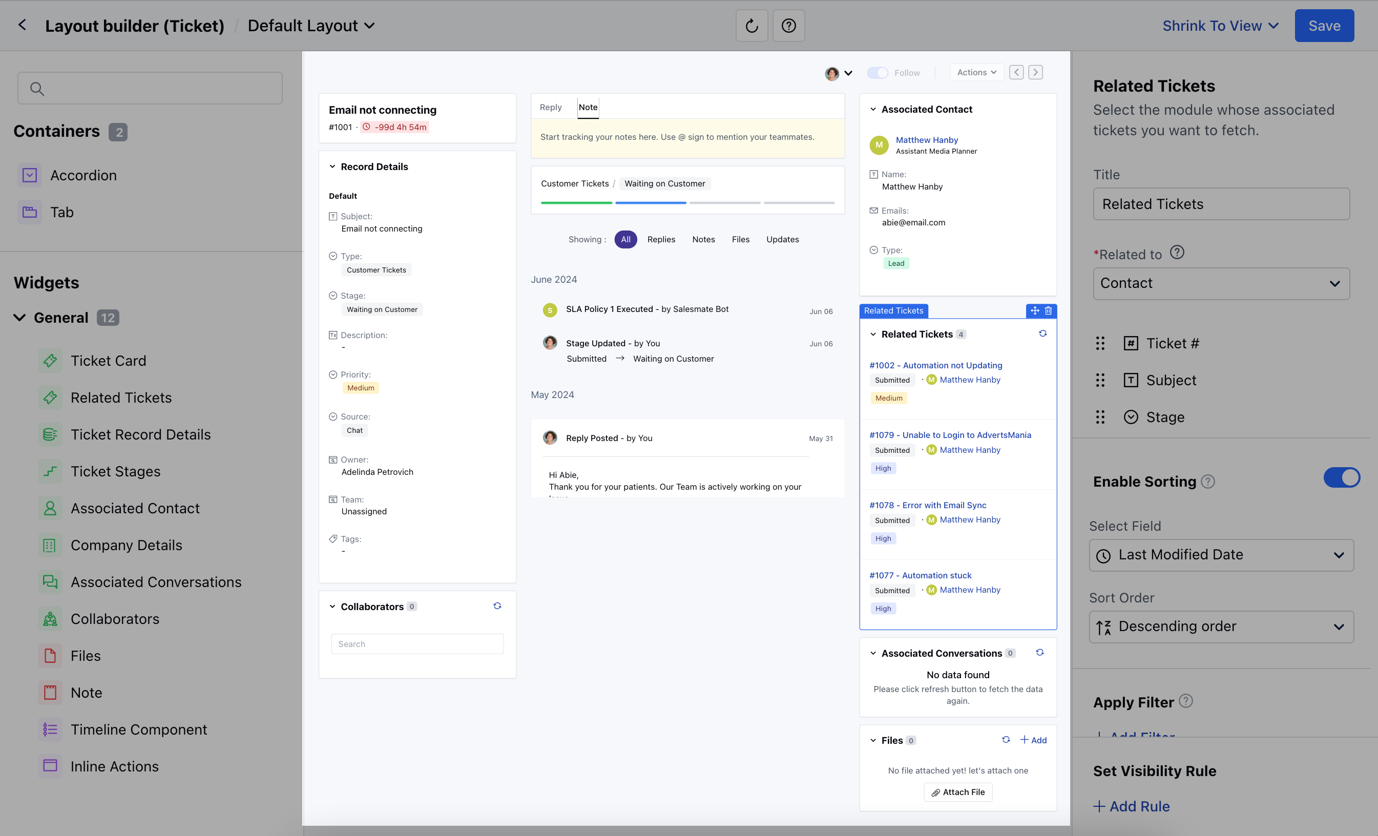 Drag and drop related ticket widget to layout