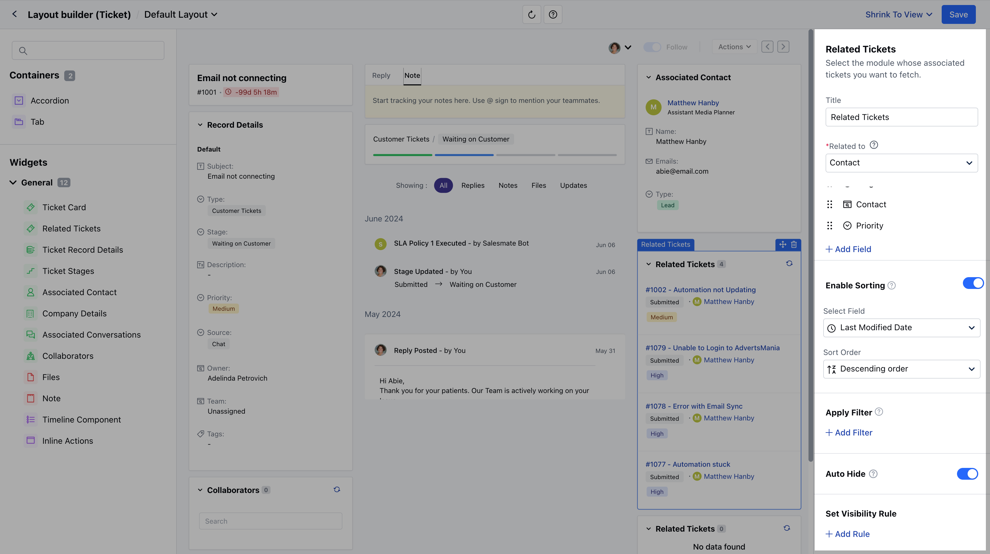 Related ticket widget customization options
