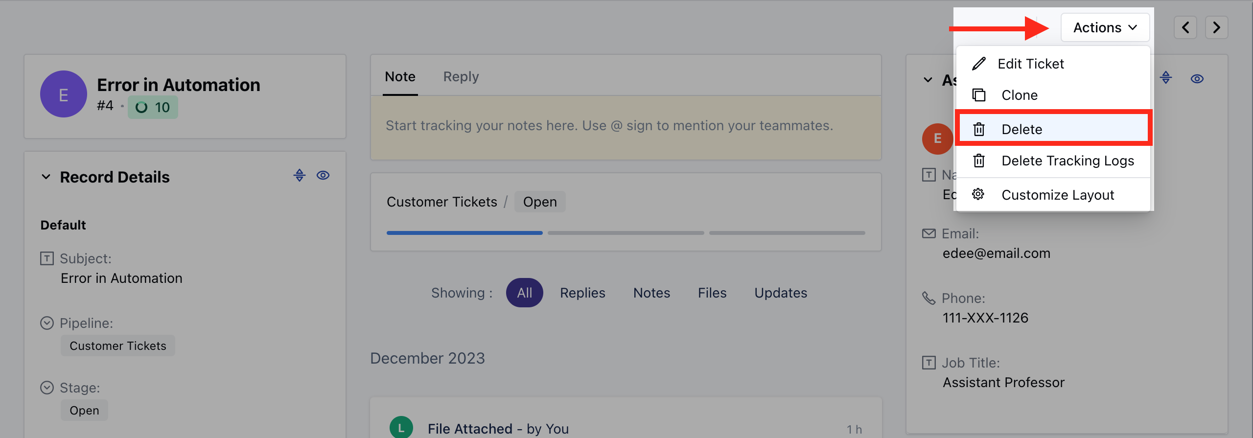 Delete ticket option in actions menu