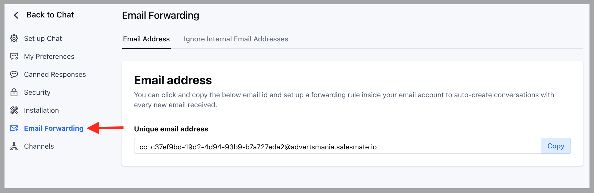 Chat inbox email address
