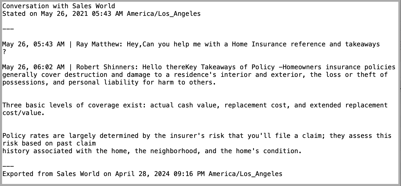 Chat transcript sample