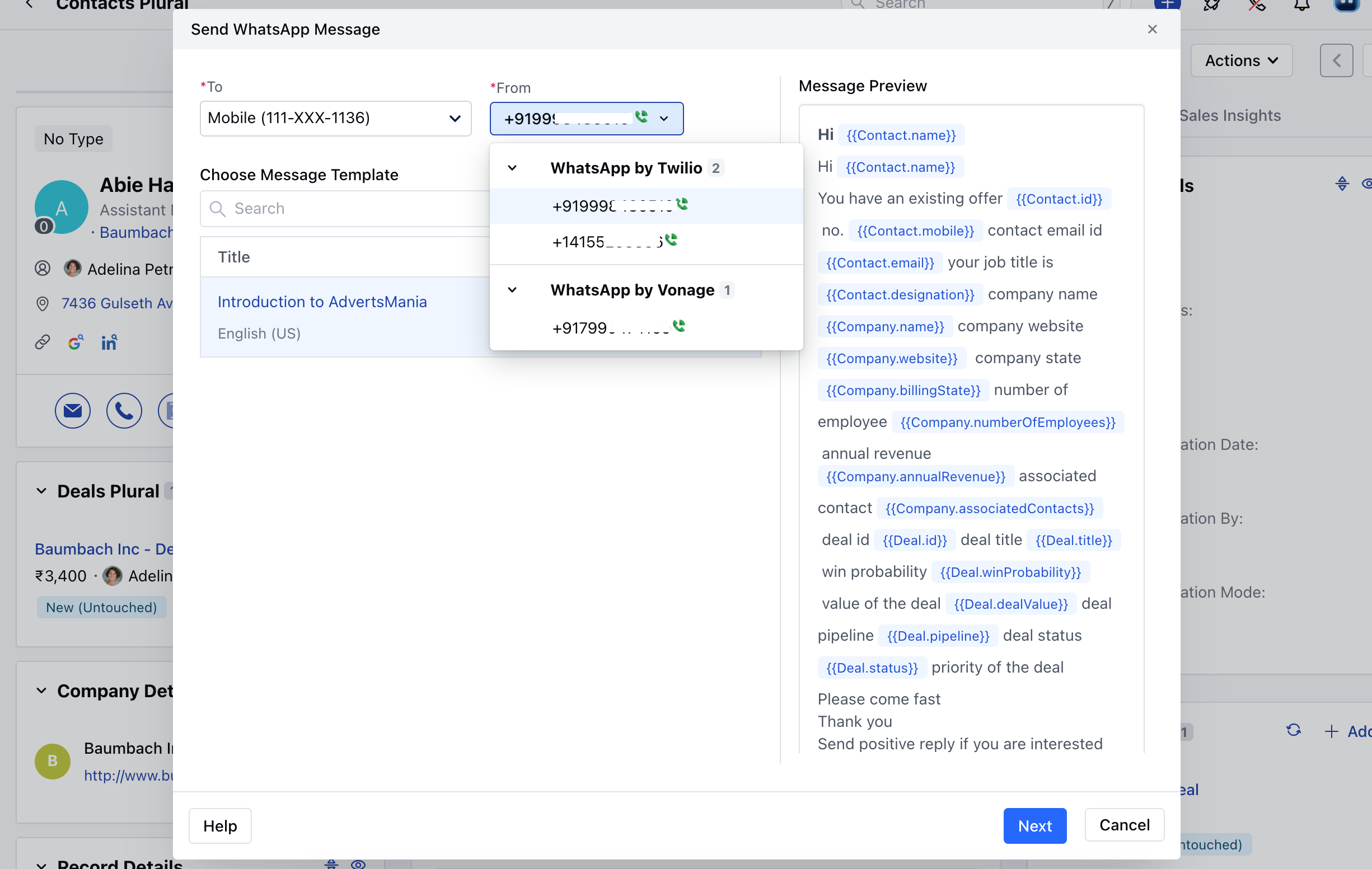 WhatsApp template selection
