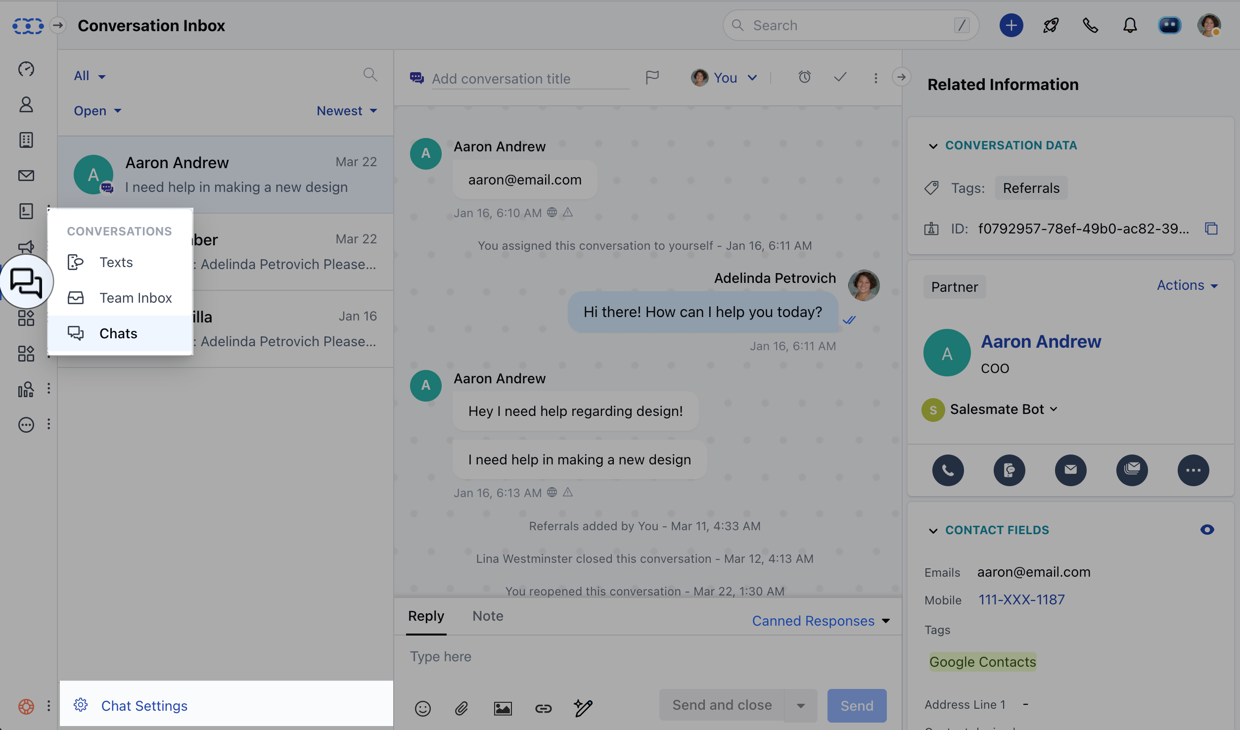 Salesmate chat settings navigation