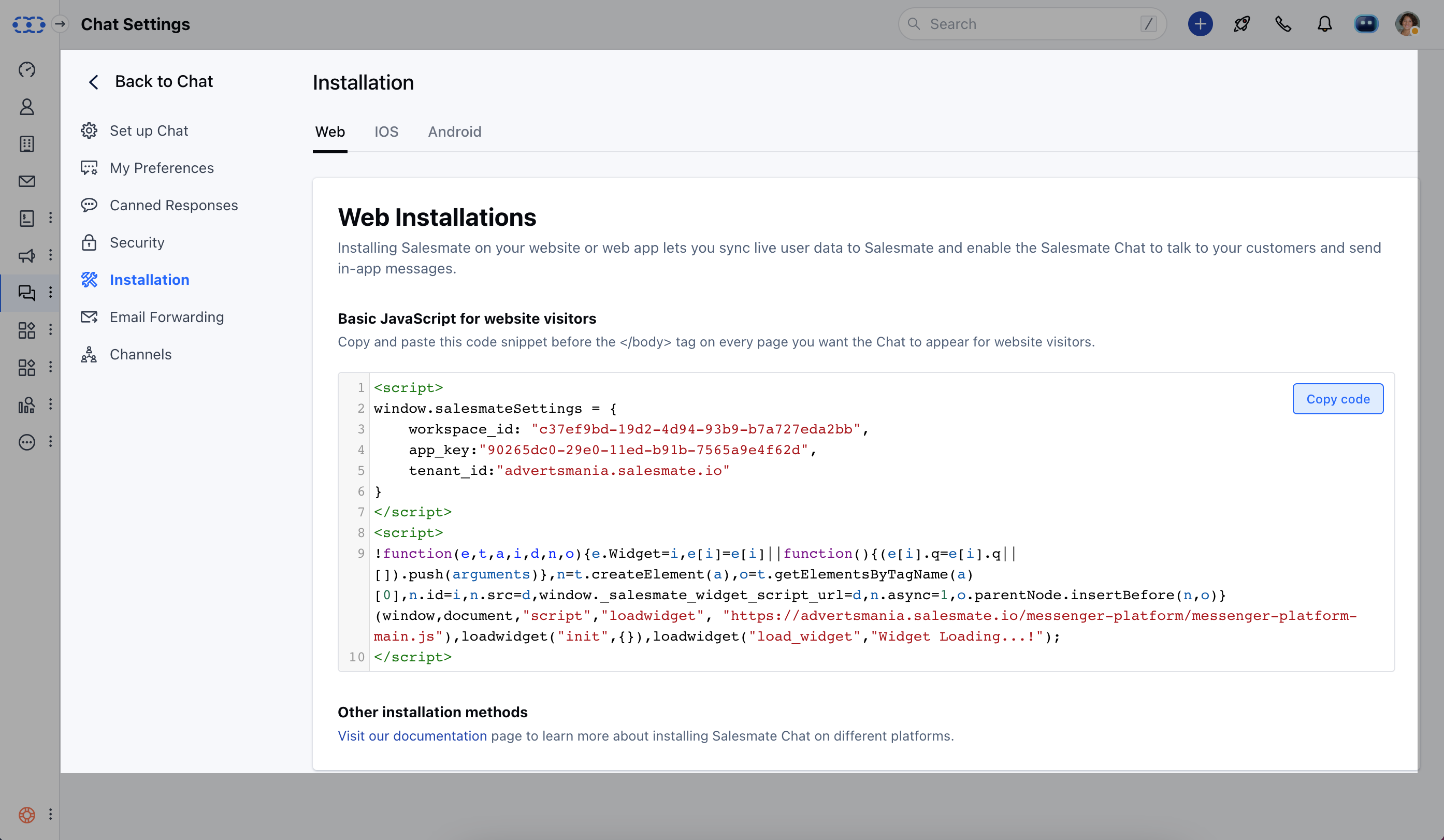 Salesmate messenger installation