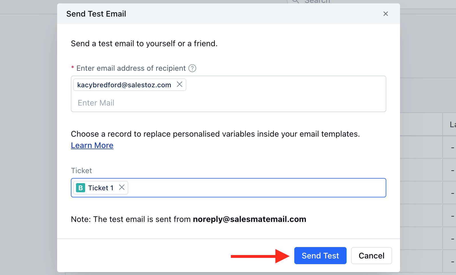 Send Test Email Popup