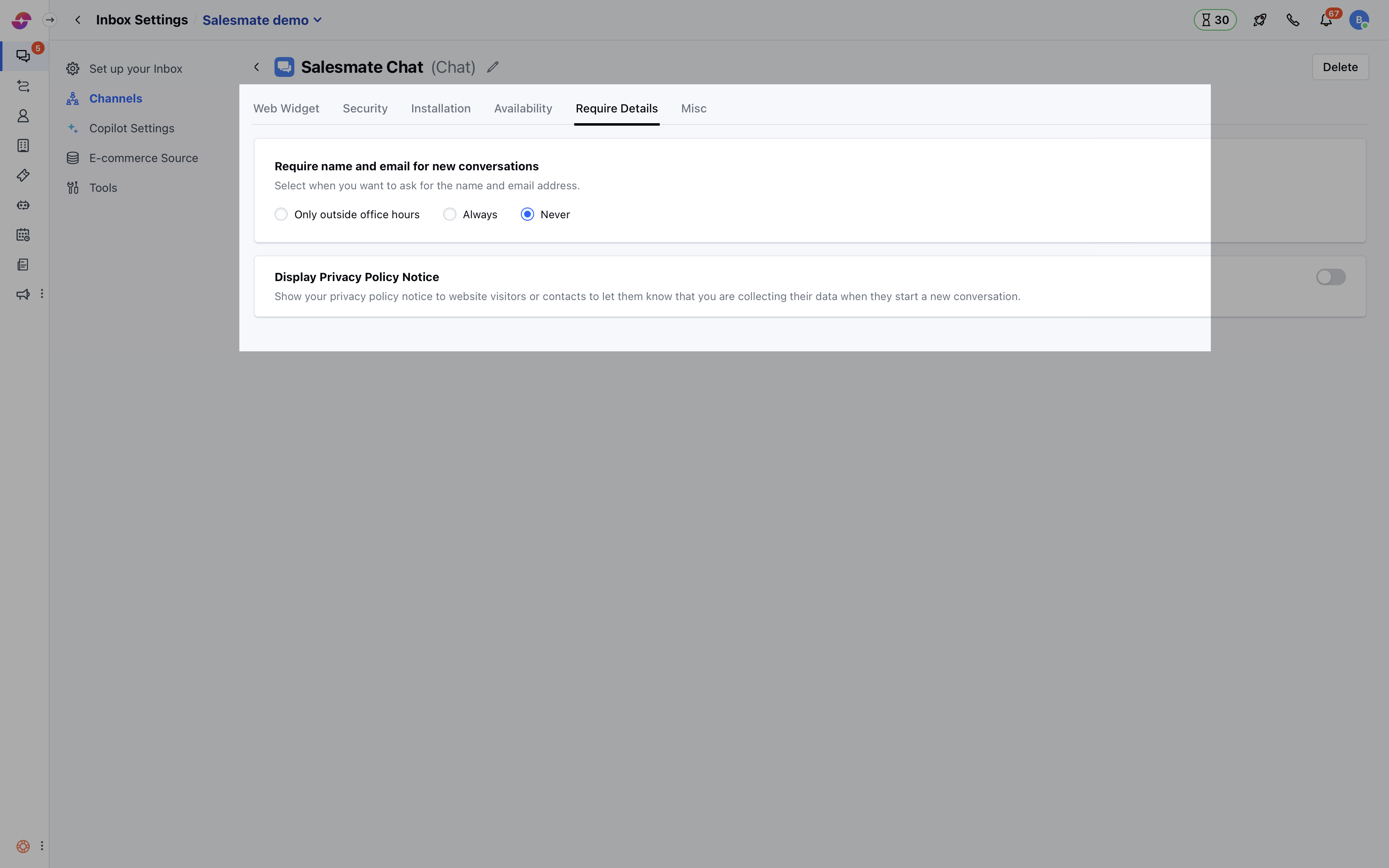Configure email requirement to start conversation
