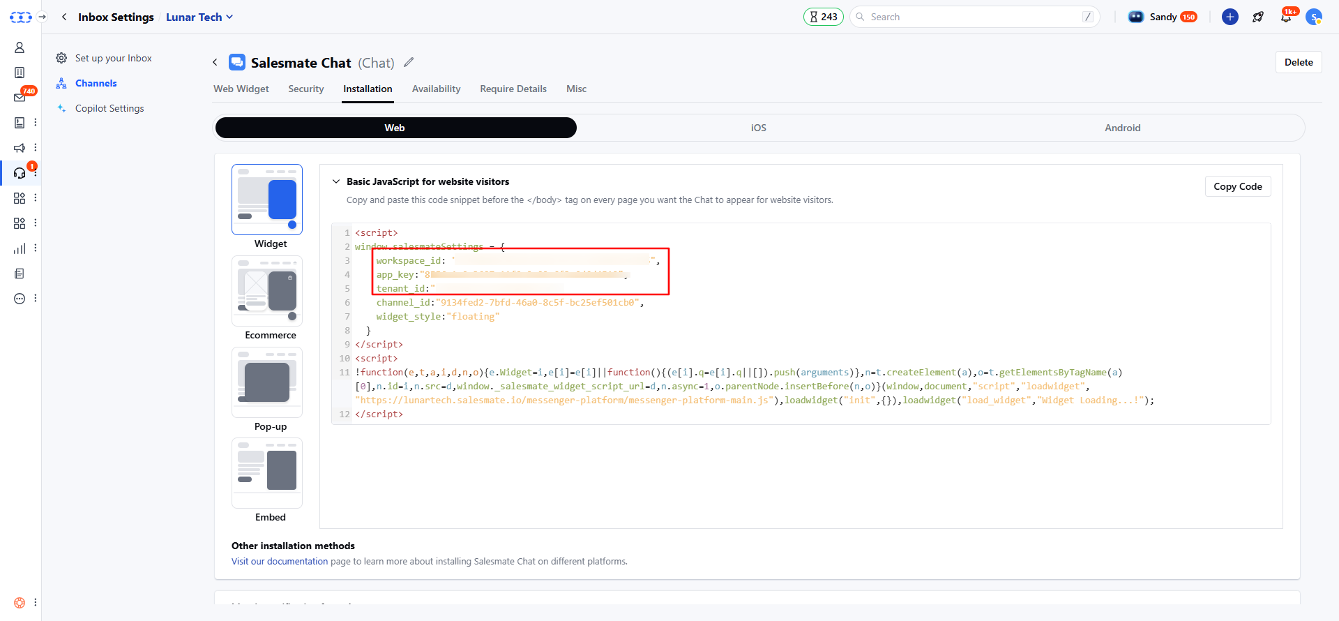 Salesmate chat installation settings