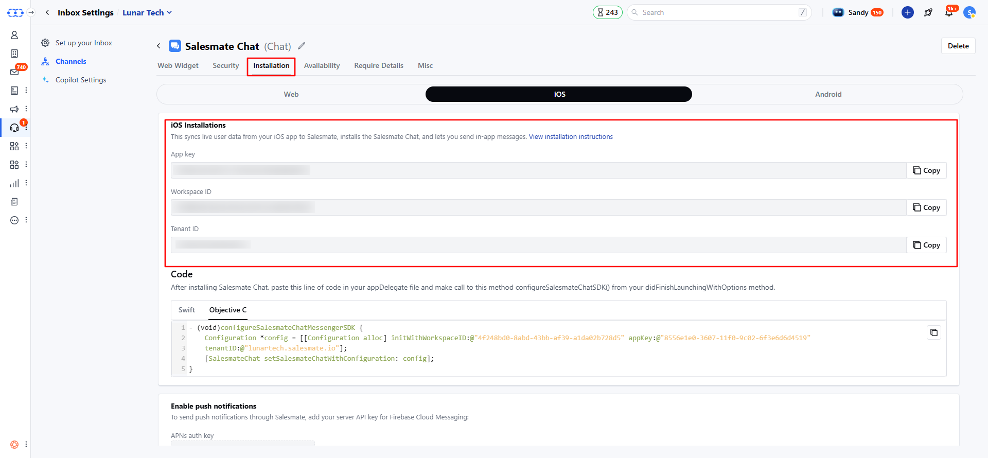 iOS App Key, Workspace Id and Tenant Id