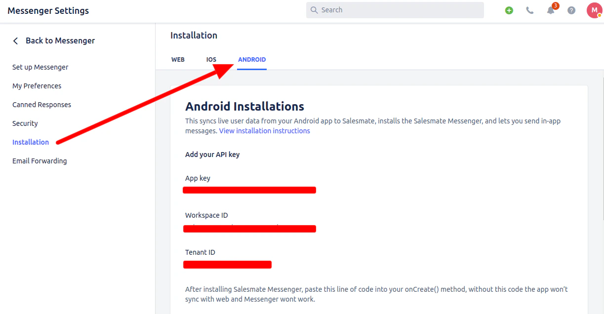 Android App Key, Workspace Id and Tenant Id