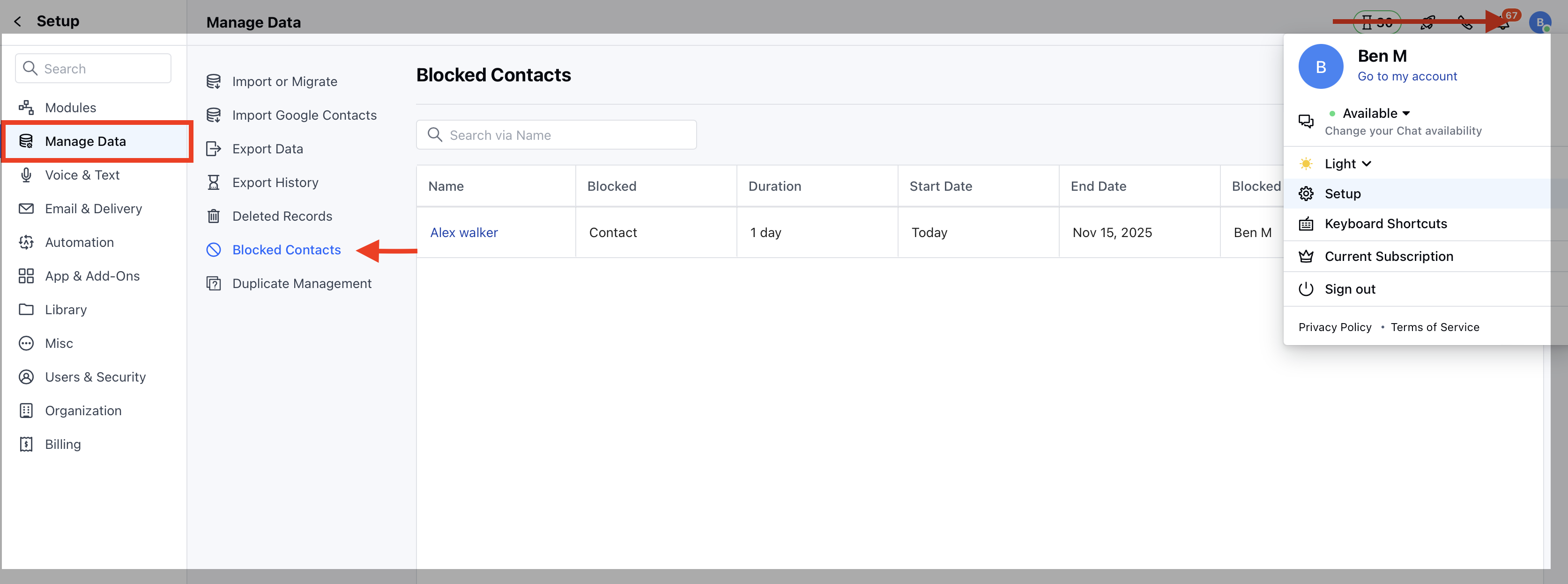 Blocked contact listing