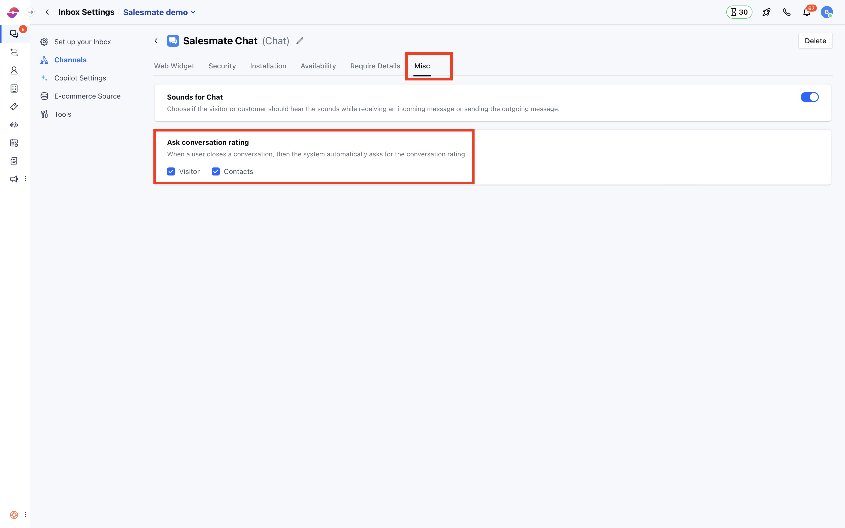 Enable conversation rating in Salesmate Messenger