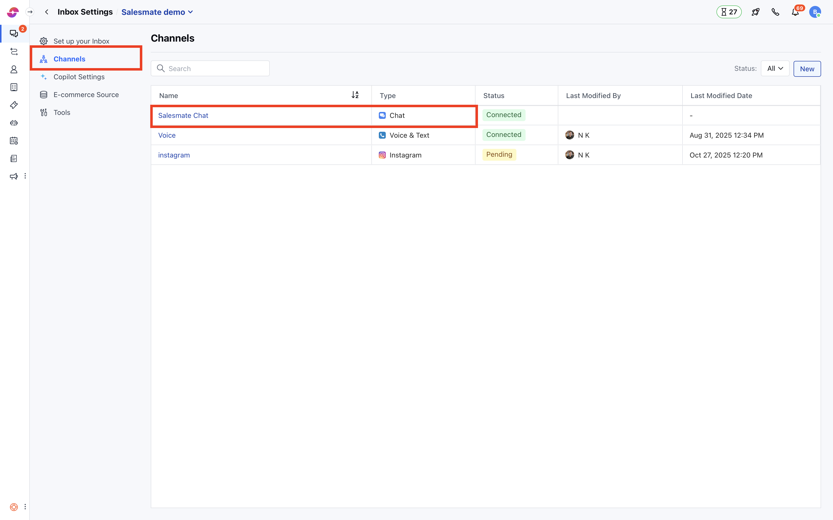 Select Salesmate Chat channel