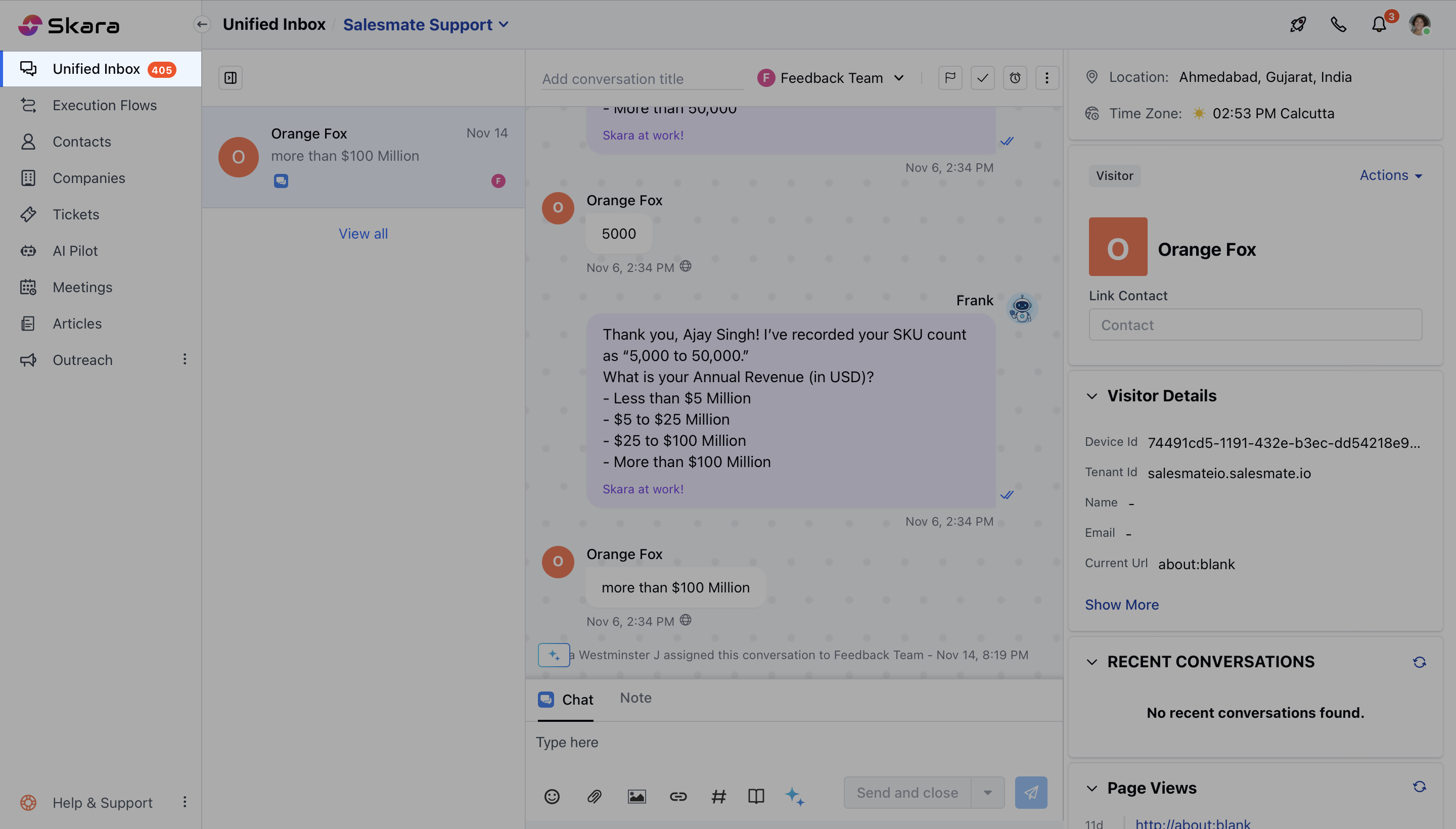Salesmate chat navigation