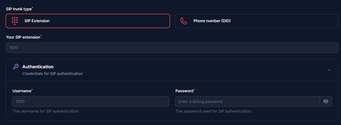 Fill in your details based on your integration type
